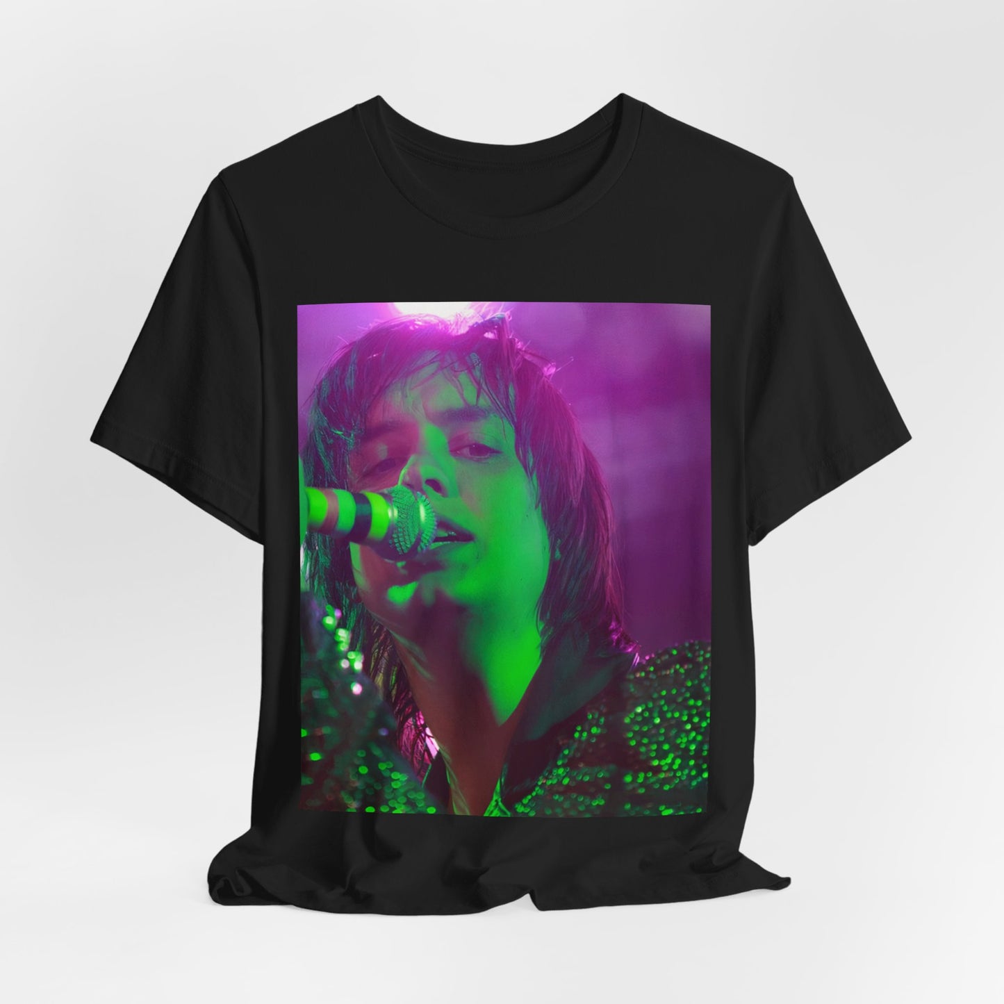 A black graphic t-shirt featuring a graphic related to The Strokes and the early 2000s rock revival.