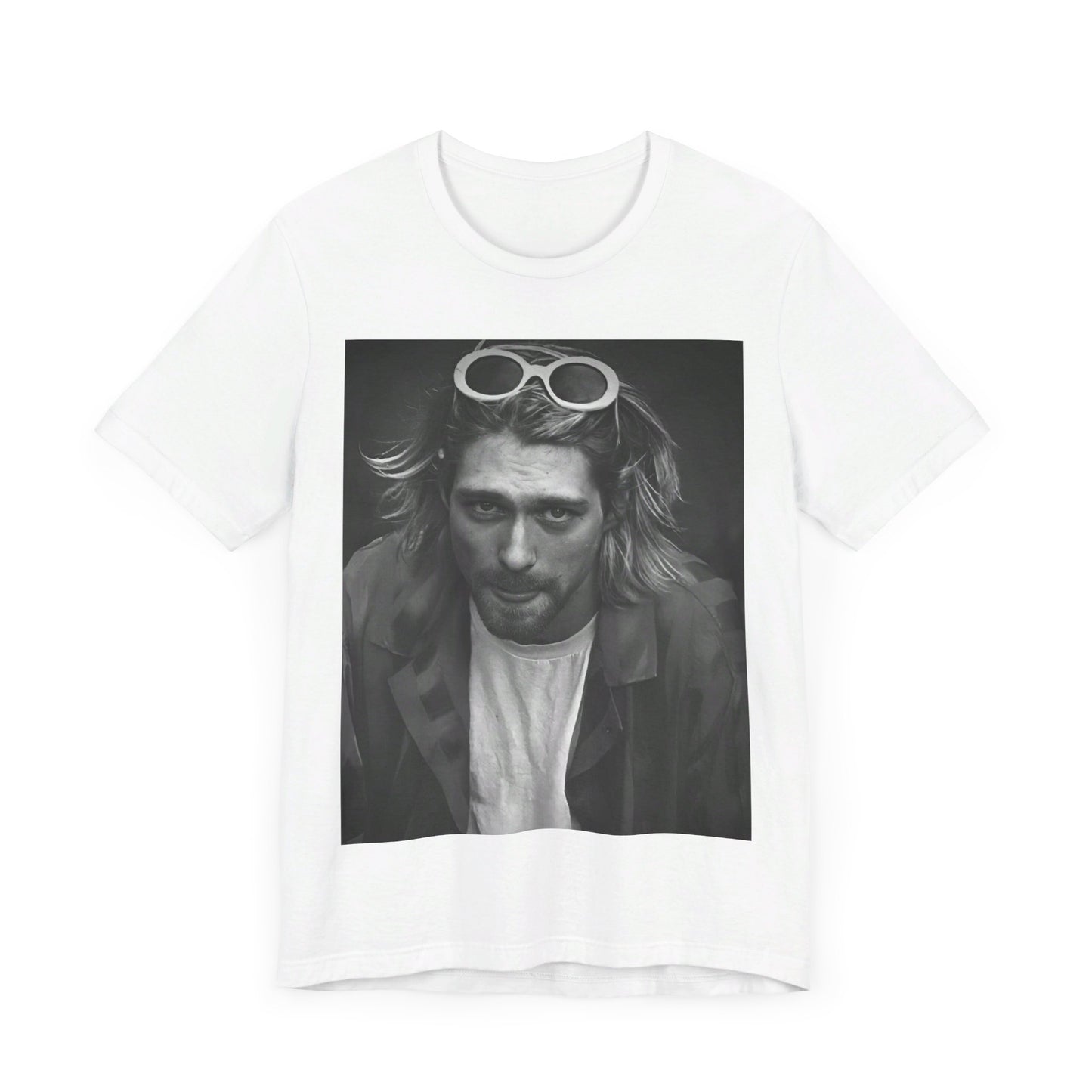 A black graphic t-shirt featuring a photo of Kurt Cobain from Nirvana wearing sunglasses.