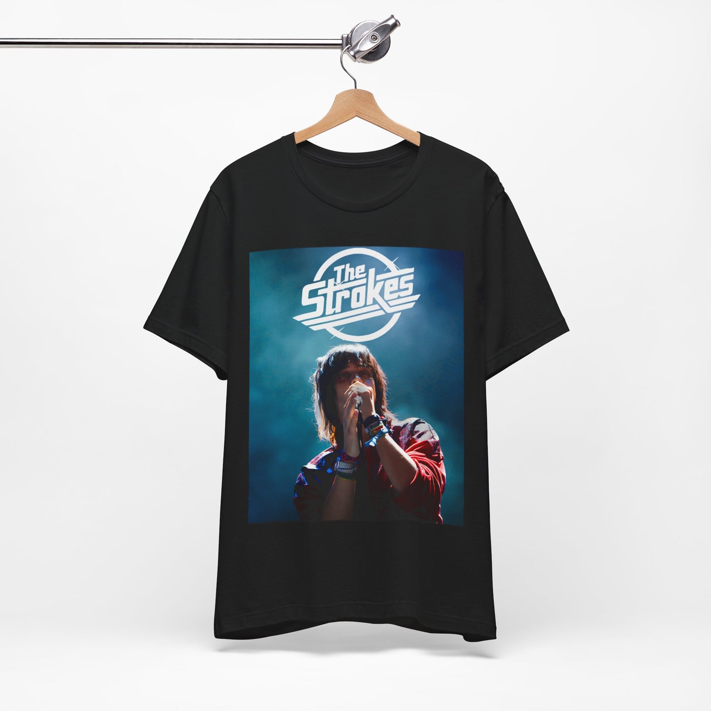 A black graphic t-shirt featuring a portrait or graphic of Julian Casablancas from The Strokes.