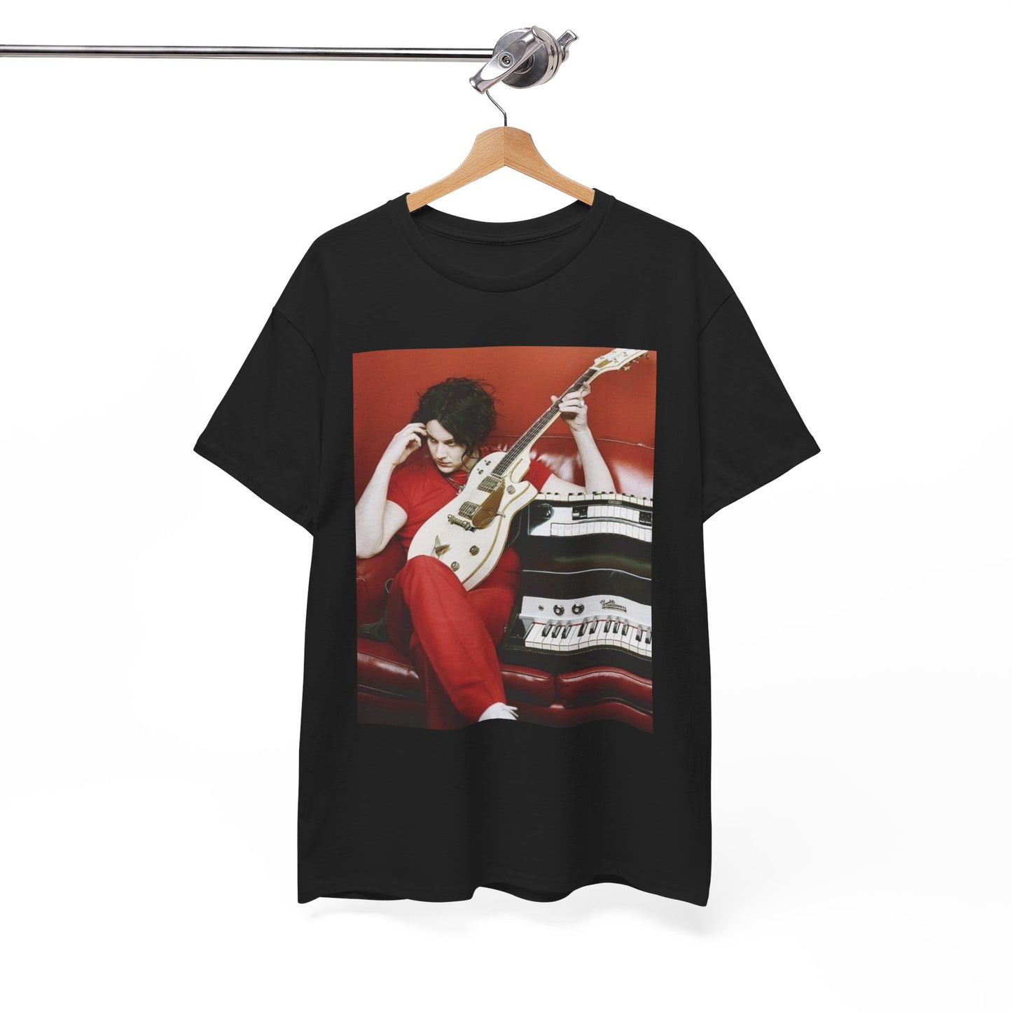 A black graphic t-shirt featuring a retro graphic of The White Stripes with a garage rock aesthetic.