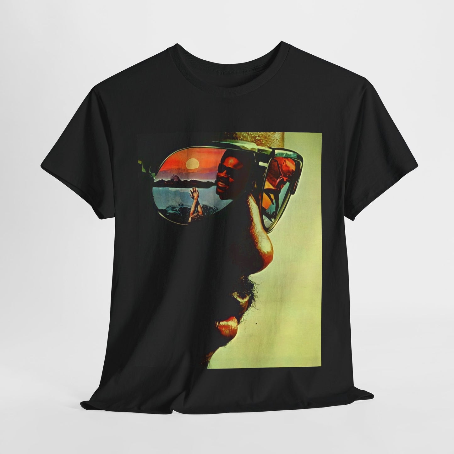 A black graphic t-shirt featuring a 70s aesthetic graphic of Stevie Wonder.