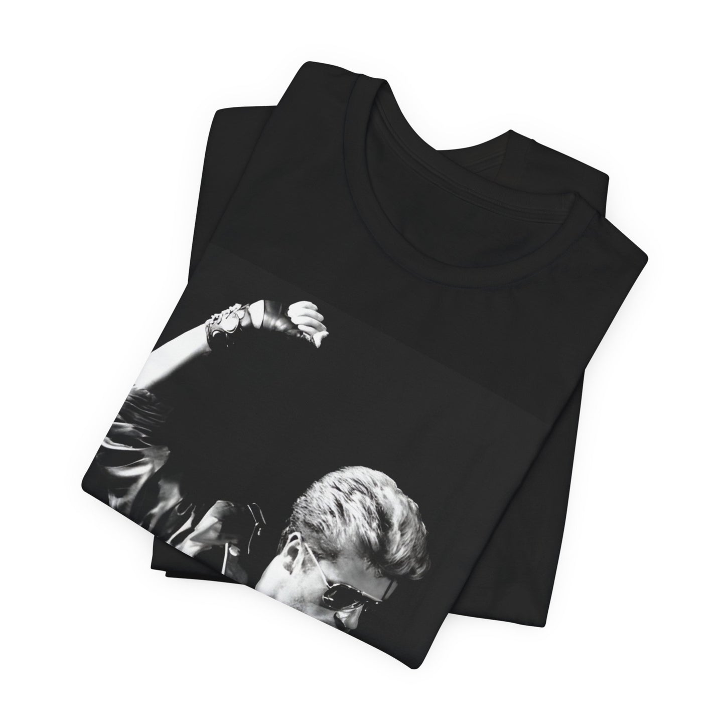 A black graphic t-shirt featuring a black and white photo of George Michael from his 'Faith' album era.