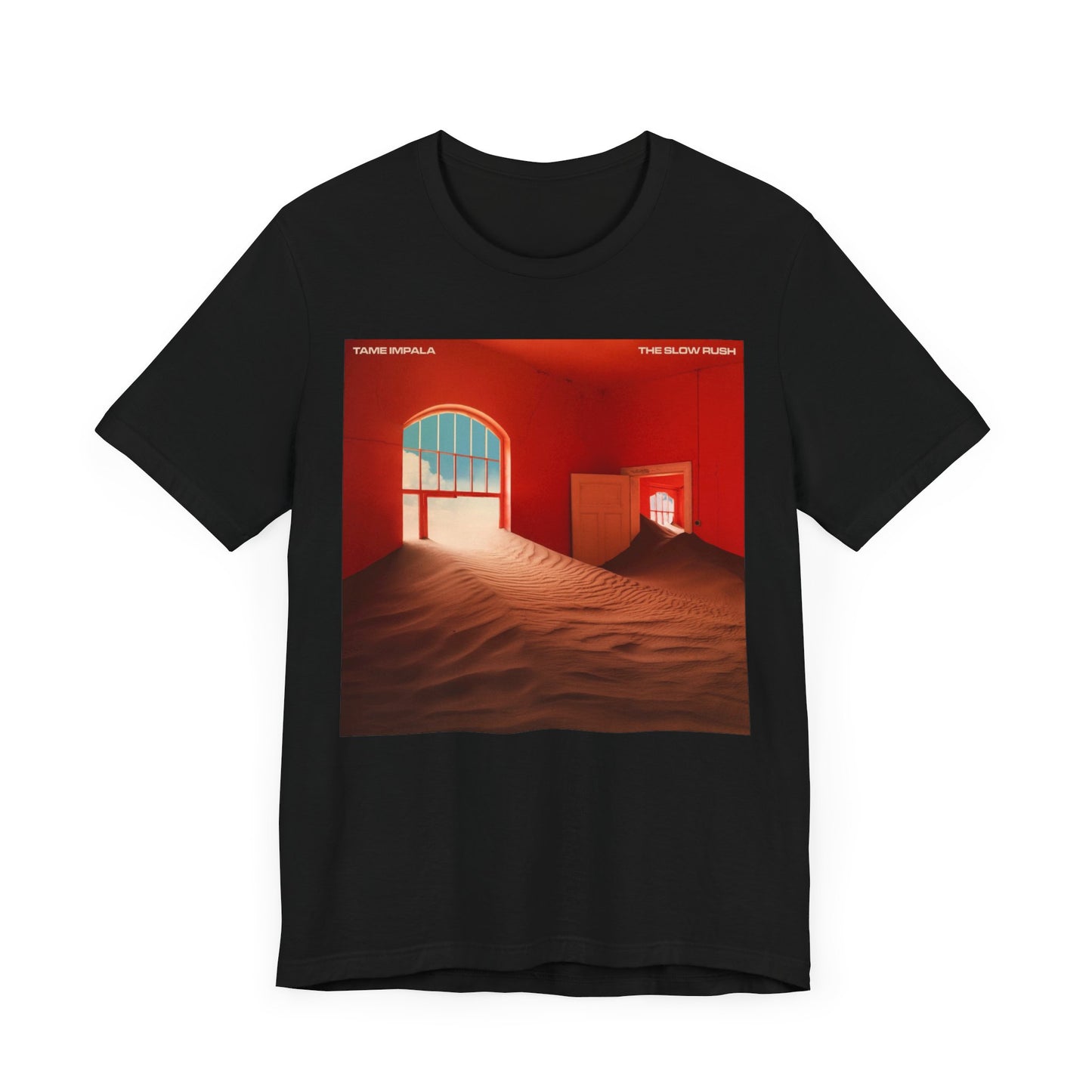 A black graphic t-shirt featuring a graphic related to Tame Impala's 'The Slow Rush' album.