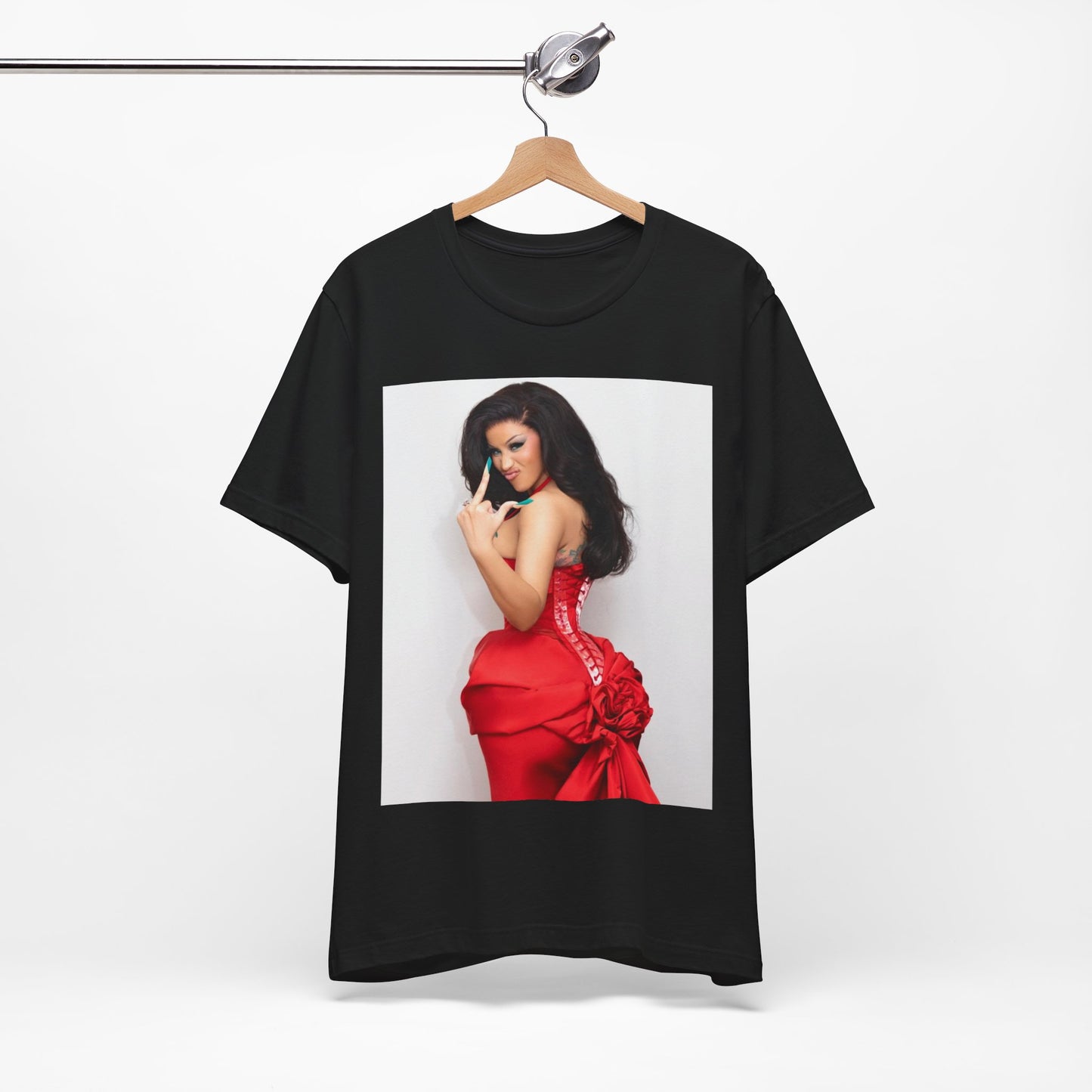 A black graphic t-shirt featuring a graphic of Cardi B making 'the finger' gesture.