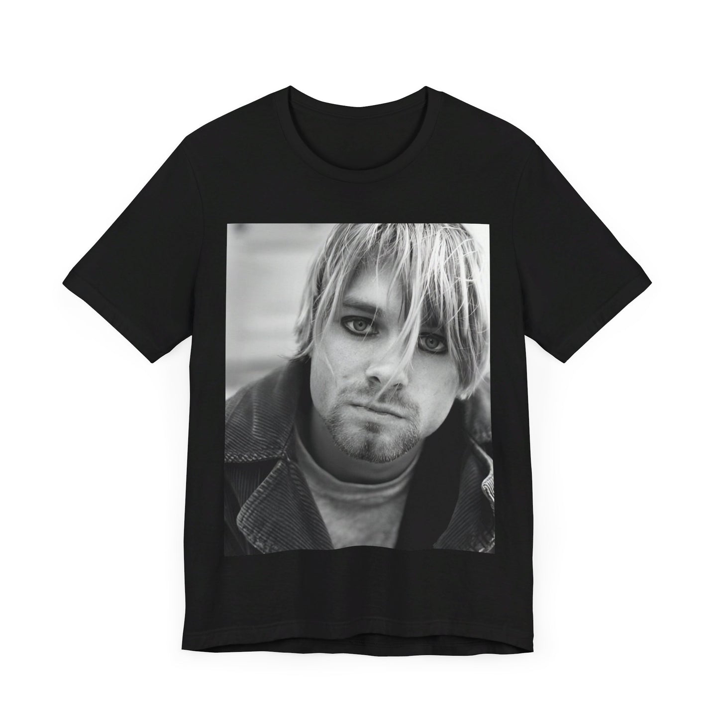 A black graphic t-shirt featuring a classic 90s alt rock graphic of Nirvana.