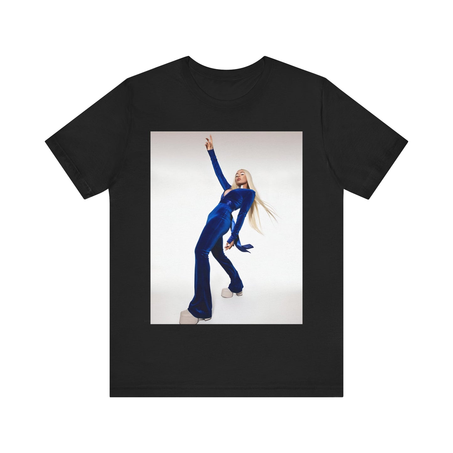 A black graphic t-shirt featuring Ava Max in a blue jumpsuit, in a graphic or photo style.