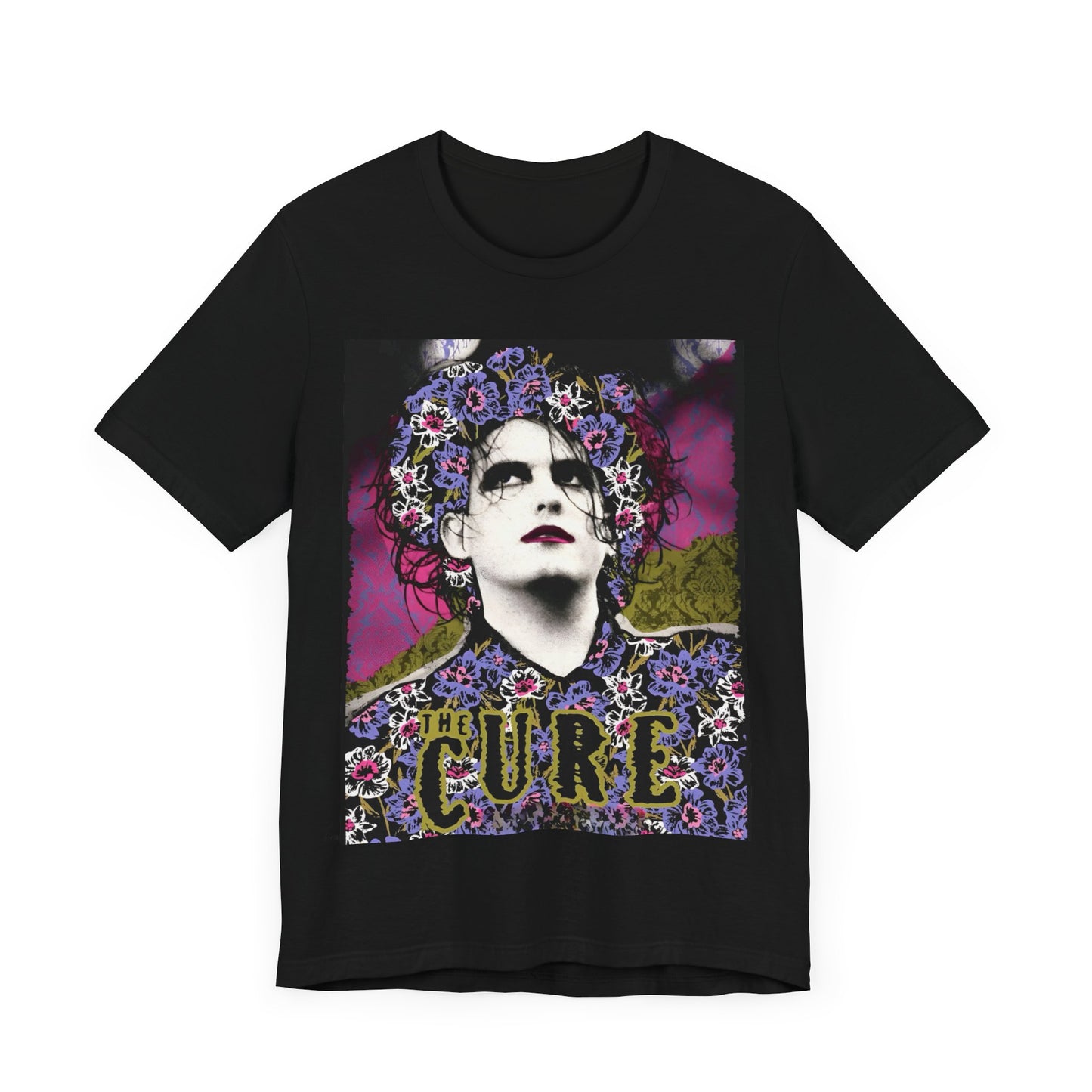 A black graphic t-shirt featuring a retro rock aesthetic pop art graphic of The Cure.