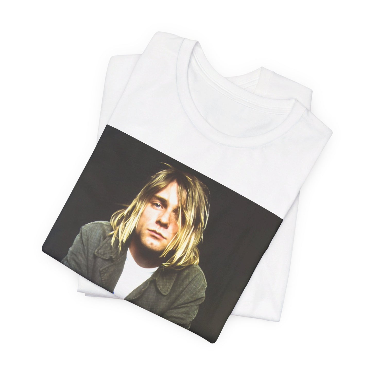 A black graphic t-shirt featuring an iconic graphic of Kurt Cobain from Nirvana.