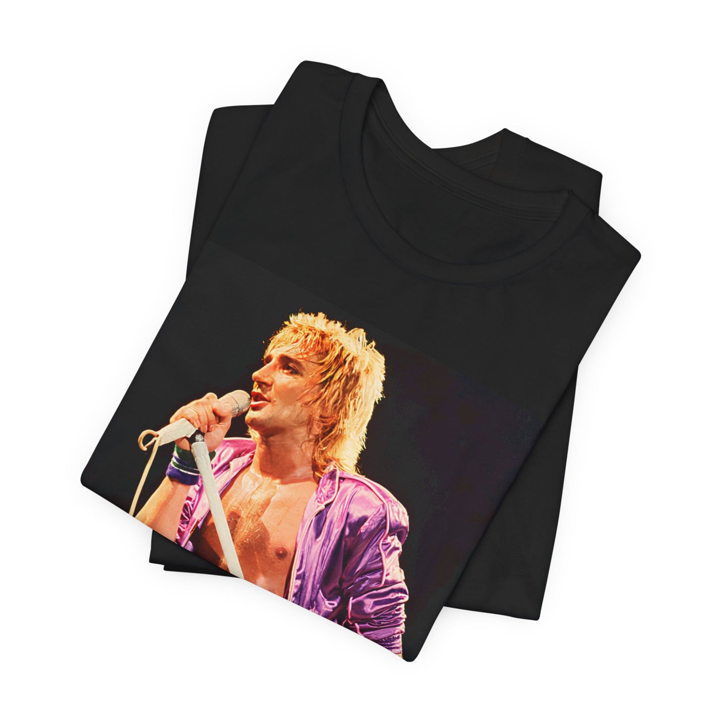 A black graphic t-shirt featuring a retro graphic related to Rod Stewart's 'Do Ya Think I'm Sexy' song or era.