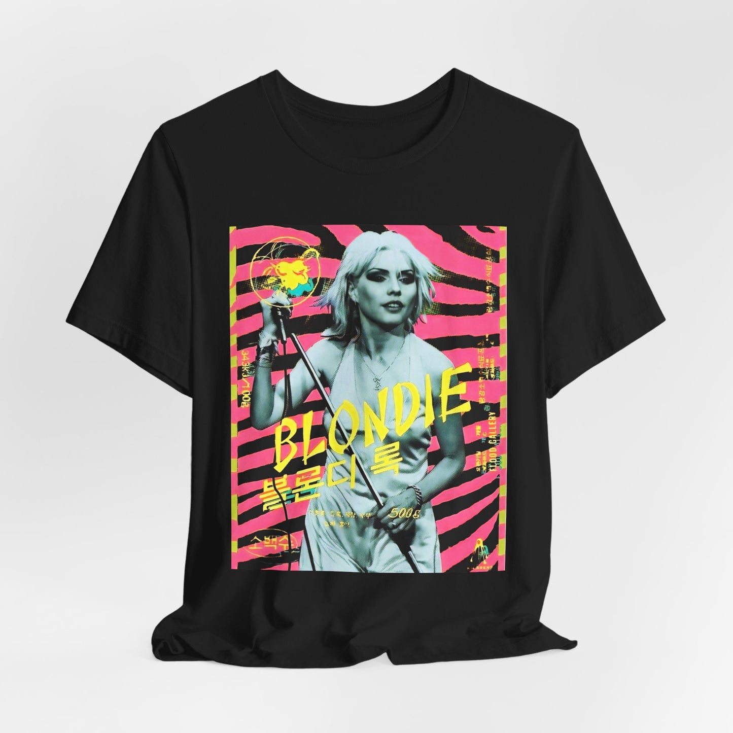 A black graphic t-shirt featuring a retro 70s pop art style graphic of Blondie.