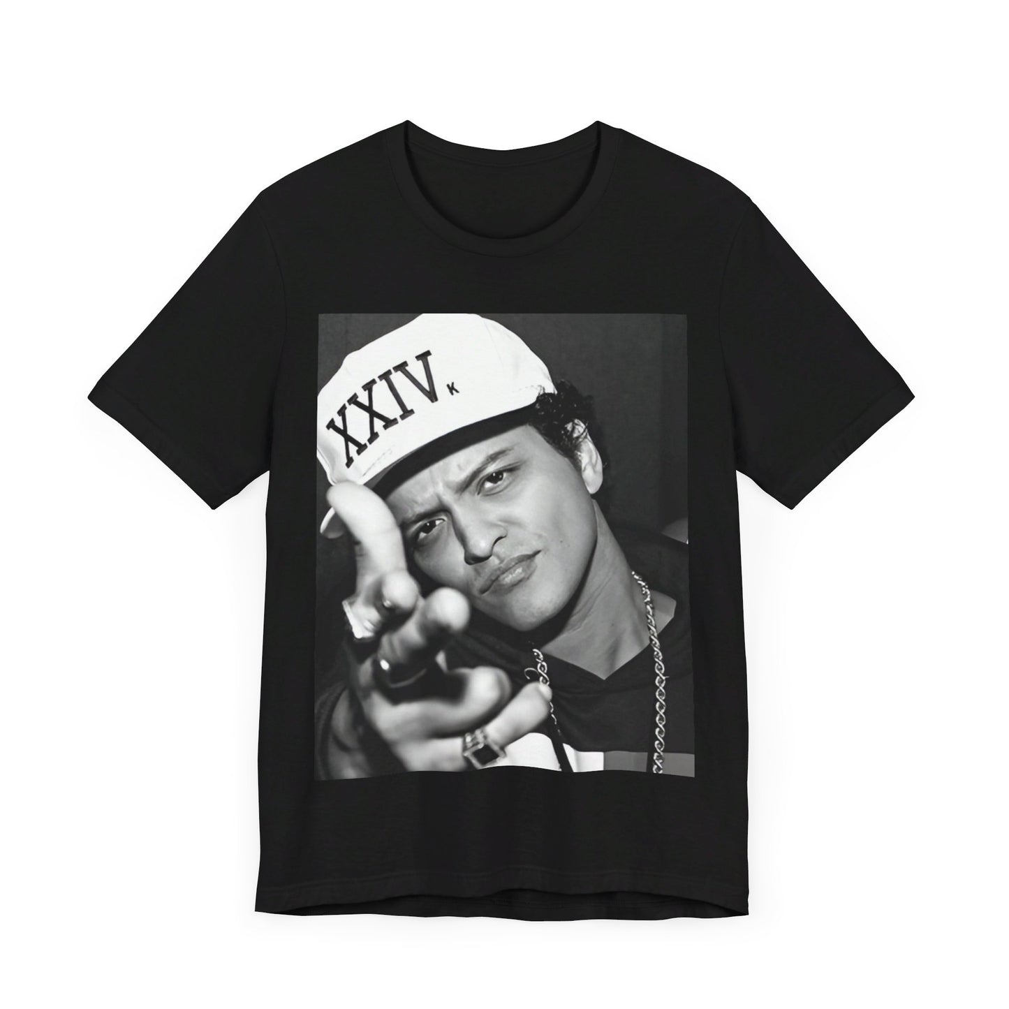 A black graphic t-shirt featuring a black and white photo of Bruno Mars, likely from his '24K Magic' (XXIV) era.