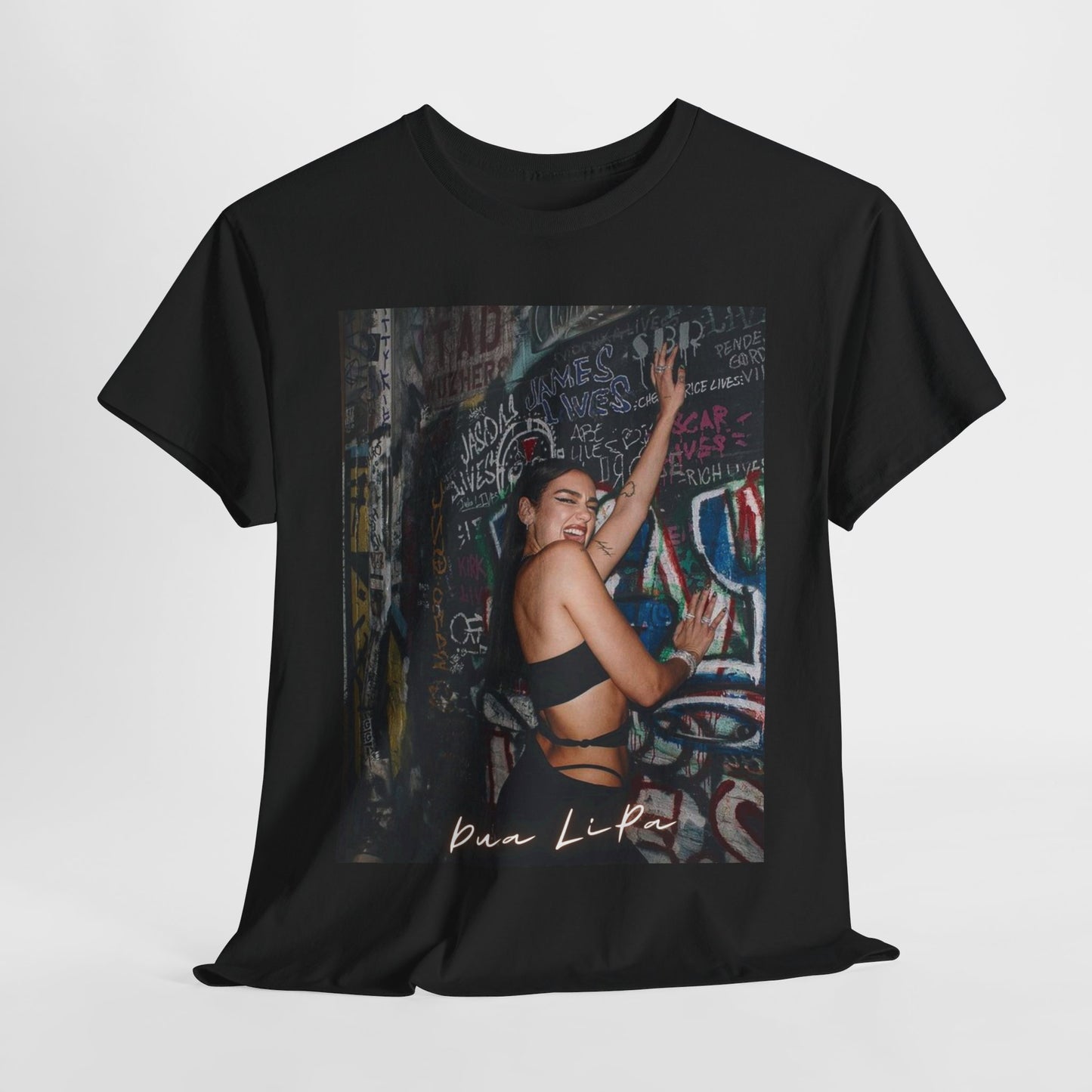 A black graphic t-shirt featuring a retro graphic inspired by Dua Lipa's "Future Nostalgia" album.