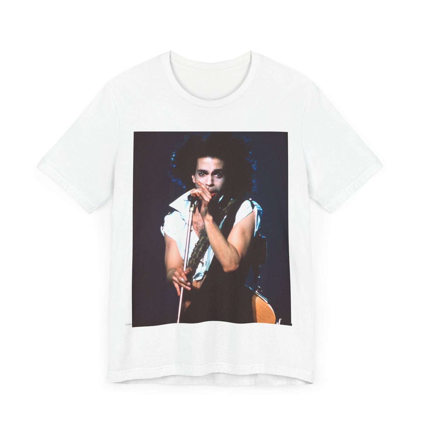 A black graphic t-shirt featuring a 90s live performance graphic of Prince.