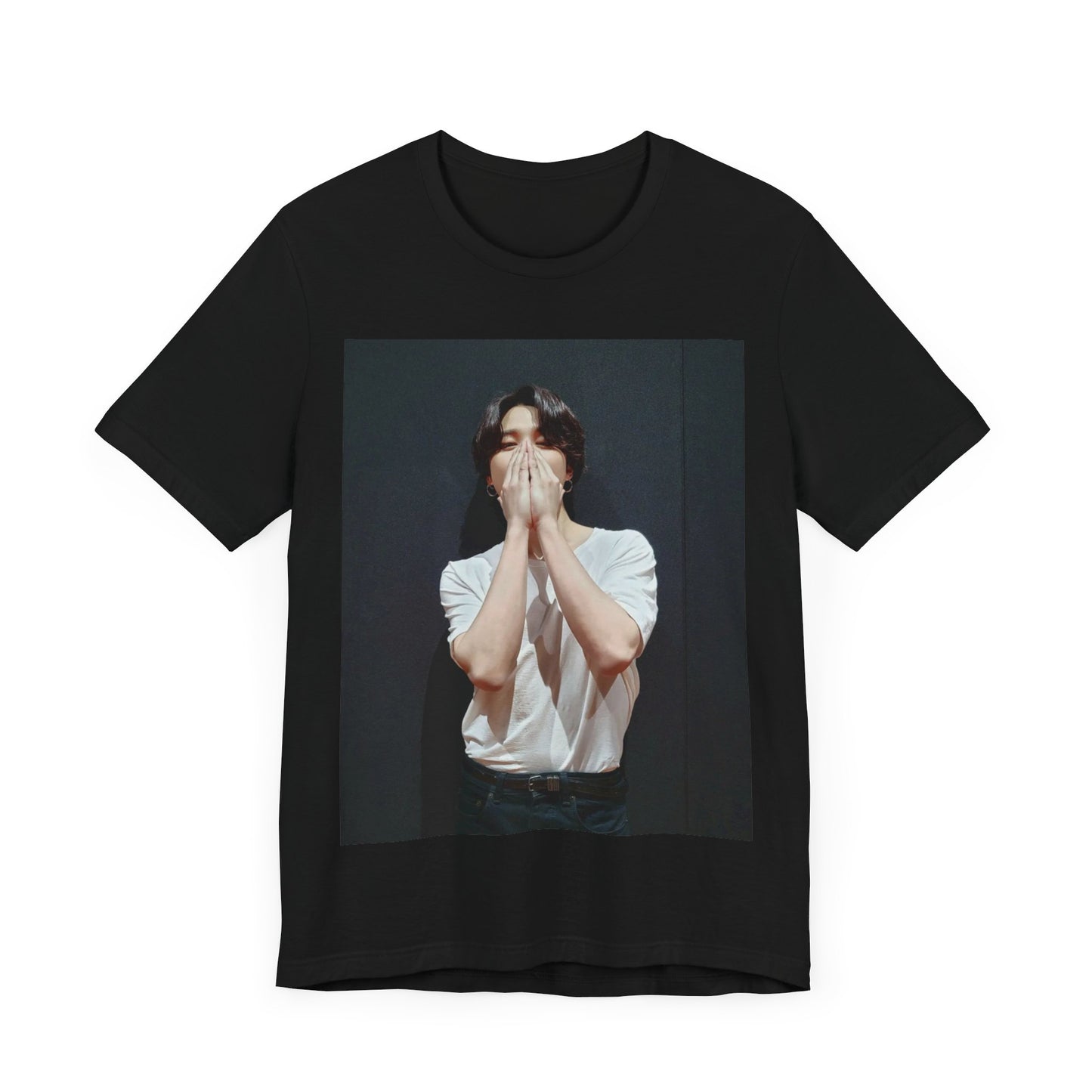 A black graphic t-shirt featuring a graphic of Jimin designed for everyday K-Pop style.