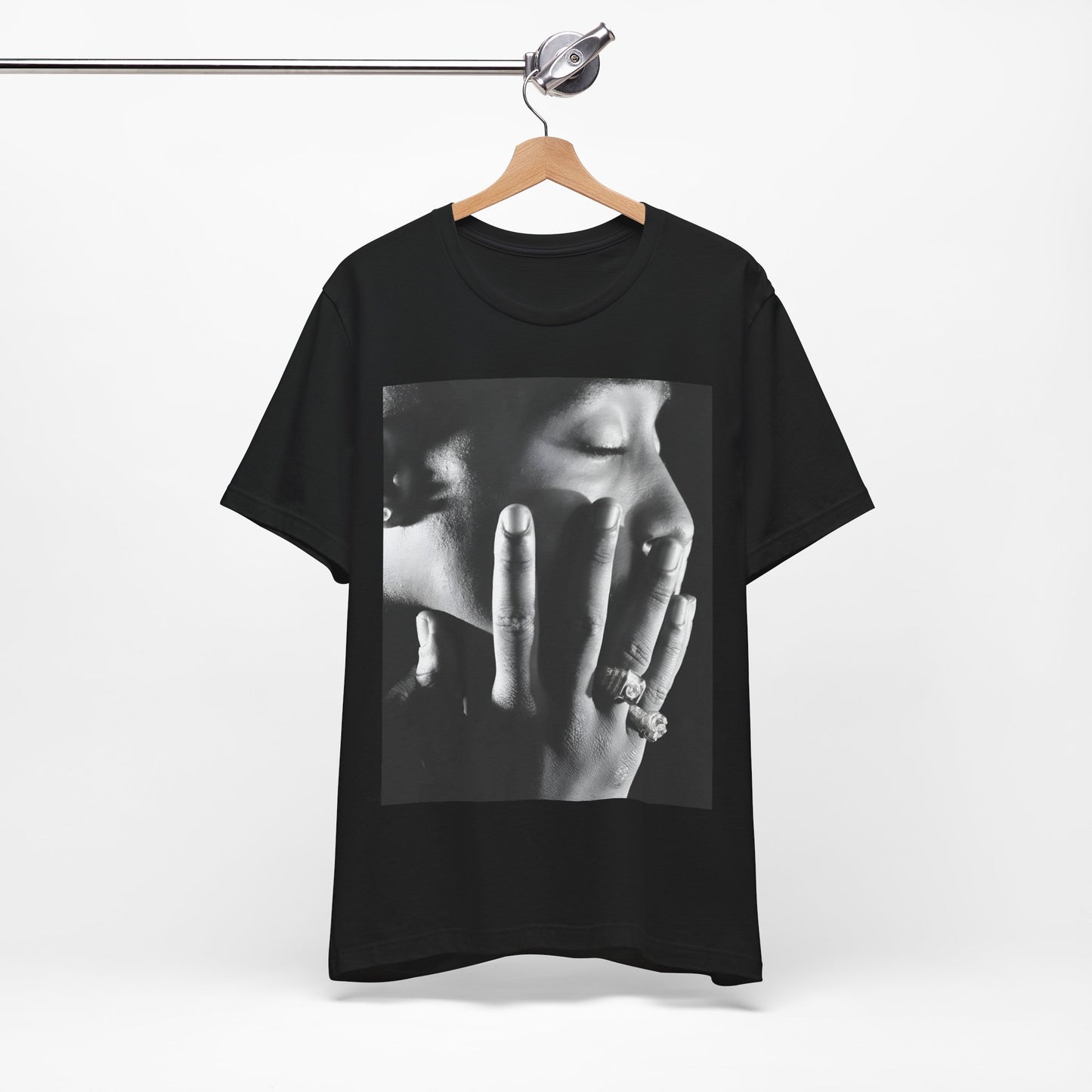 A black graphic t-shirt featuring an iconic West Coast swag graphic of Tupac.