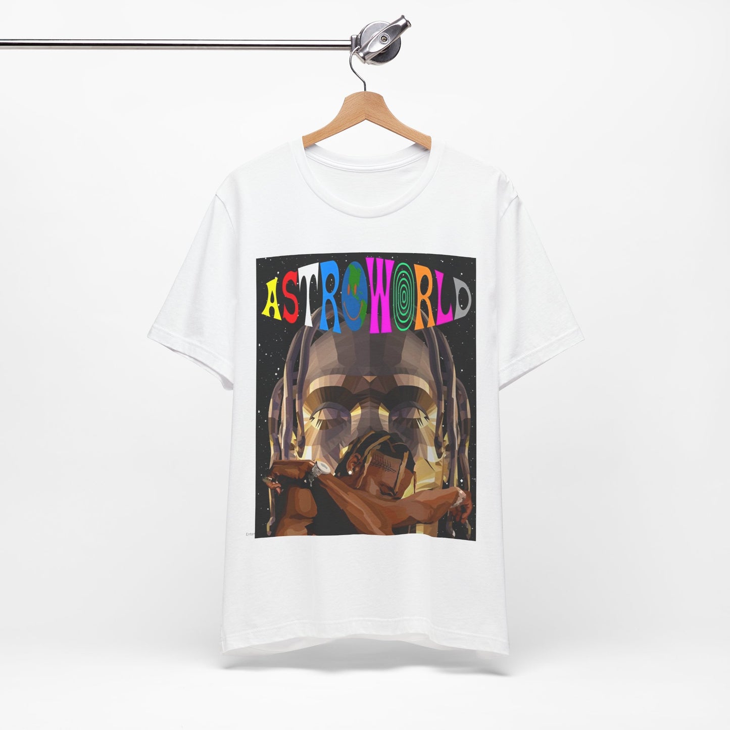 A black graphic t-shirt featuring a graphic related to Travis Scott's Astroworld album era.