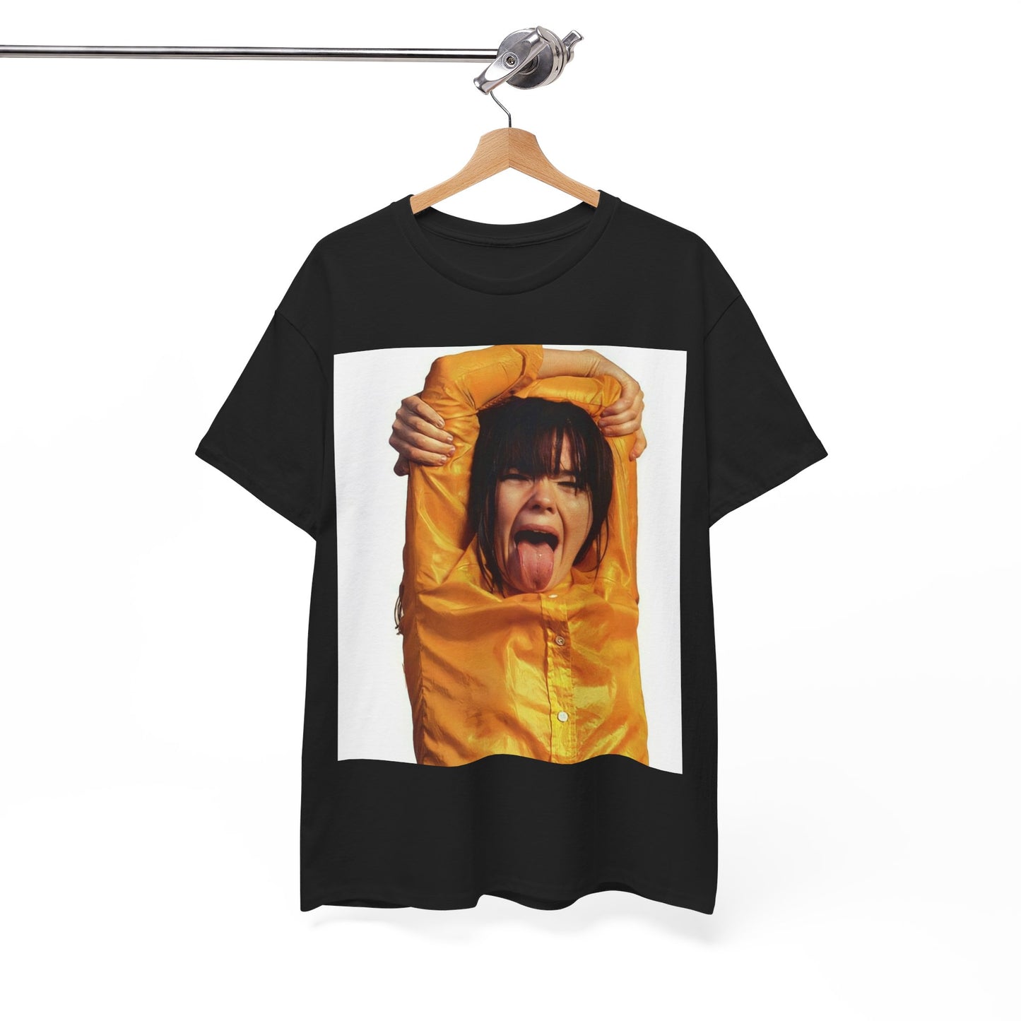 A black graphic t-shirt featuring a photo of Bjork with her tongue playfully sticking out.