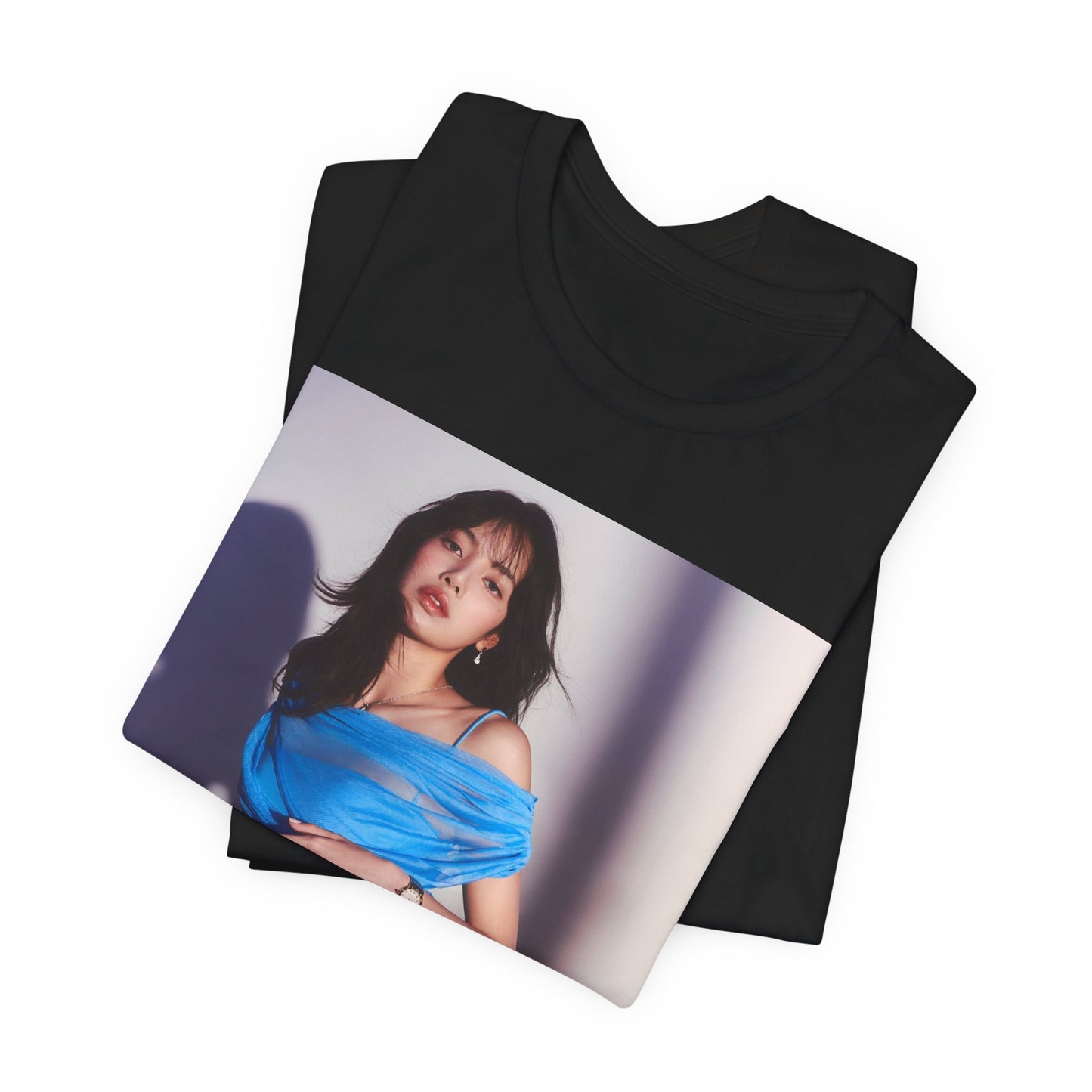 A black graphic t-shirt featuring a bold K-Pop superstar graphic of Lisa.