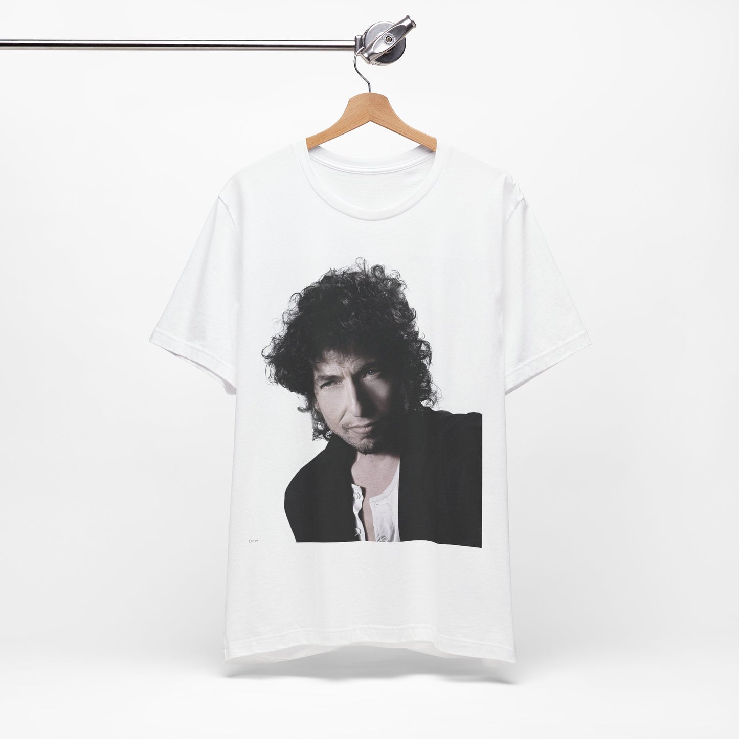 A black graphic t-shirt featuring a timeless folk rock graphic of Bob Dylan, possibly with his guitar or harmonica.