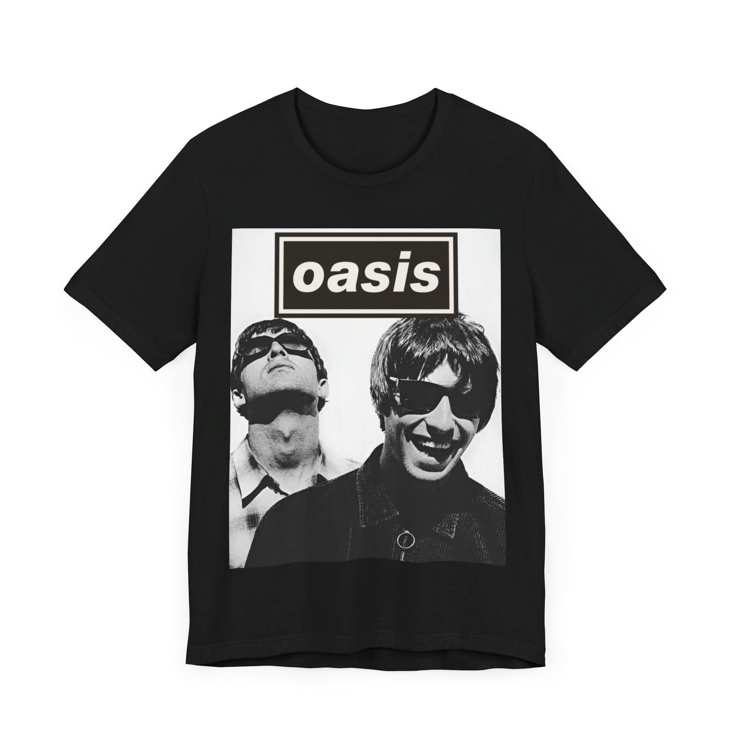 A black graphic t-shirt featuring a bold rock superstar graphic of Oasis.