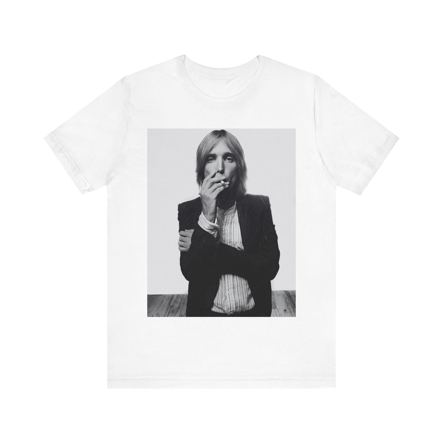 A black graphic t-shirt featuring a black and white graphic or photo of Tom Petty as a Southern rock icon.