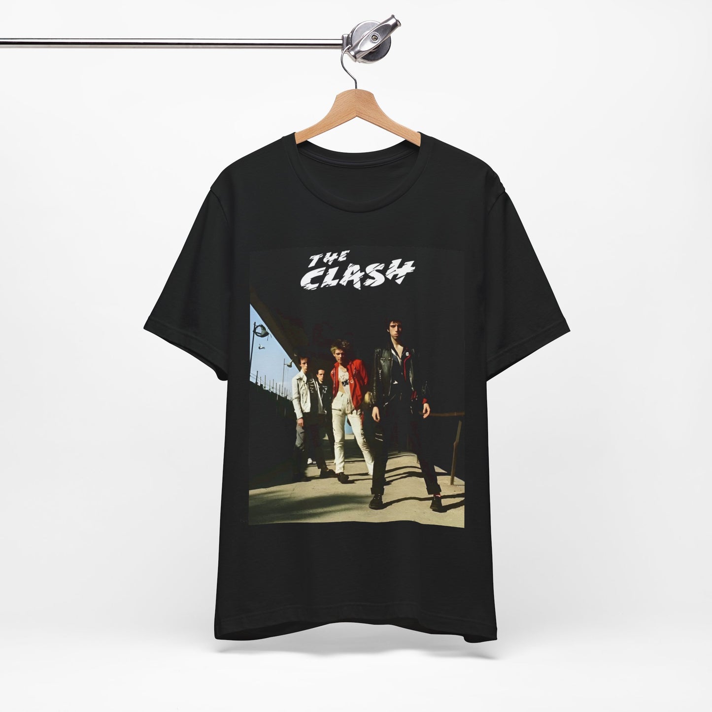 A black graphic t-shirt featuring a retro graphic related to The Clash's 'Rock the Casbah' song or era.