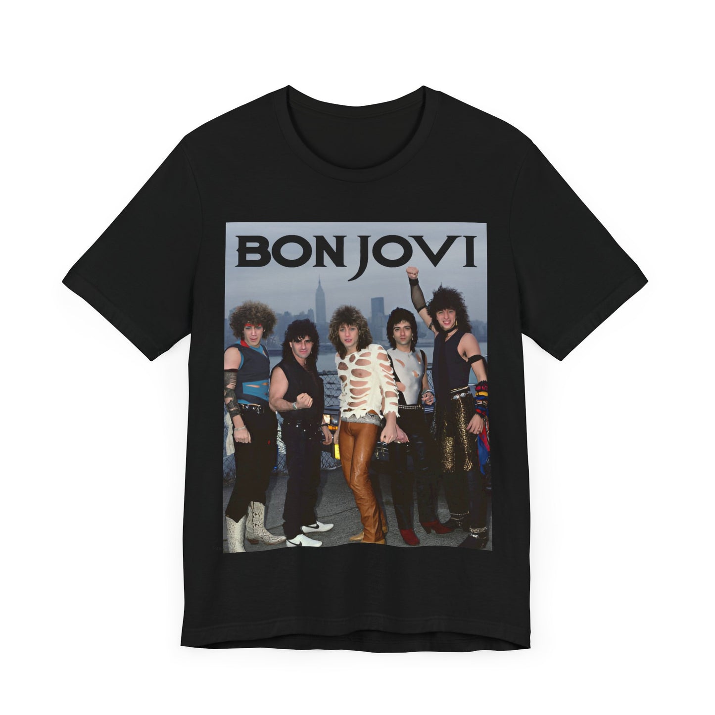 A black graphic t-shirt featuring a graphic related to Bon Jovi's 'Livin' on a Prayer' song or era from the 1980s.