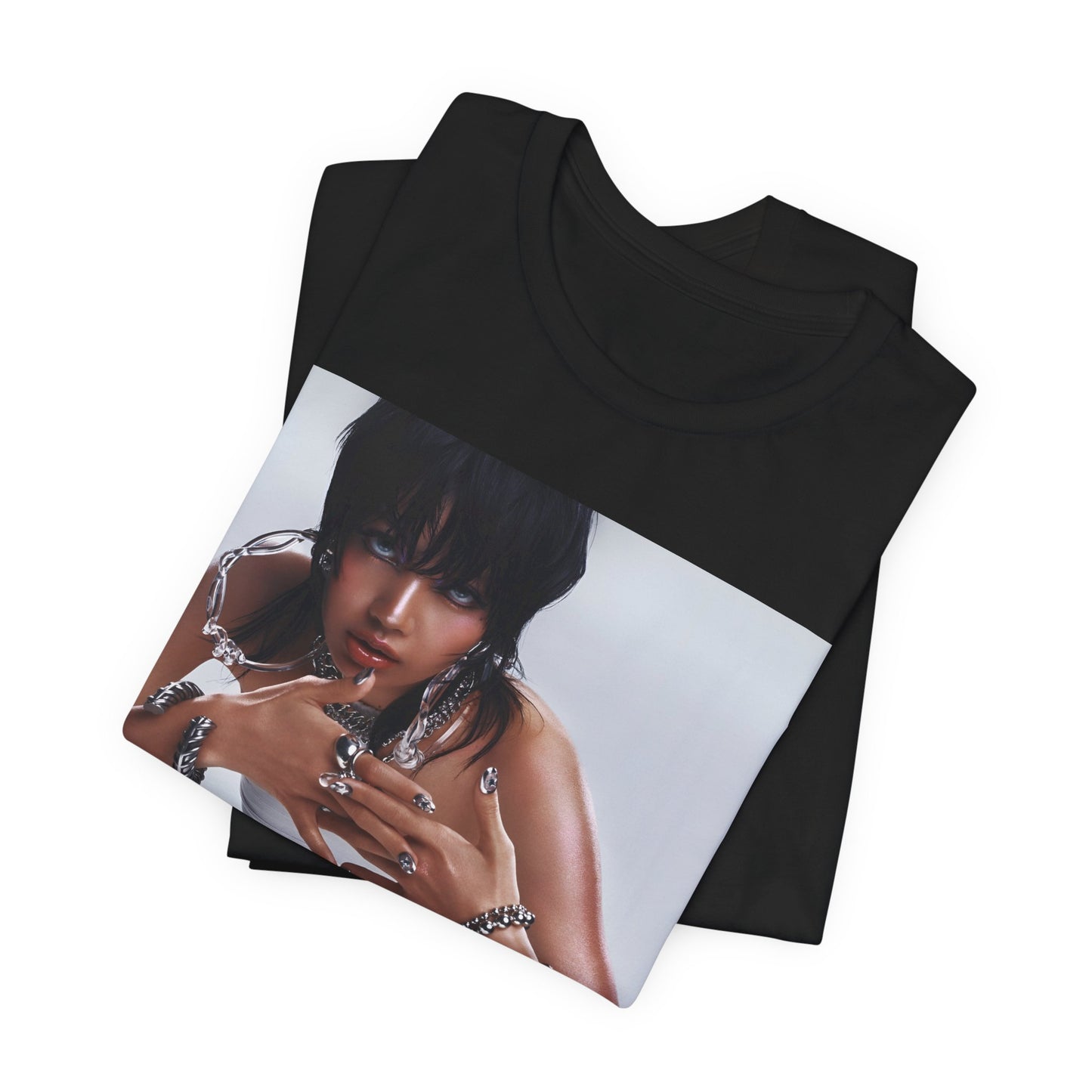 A black graphic t-shirt featuring a casual K-Pop fan graphic of Lisa.