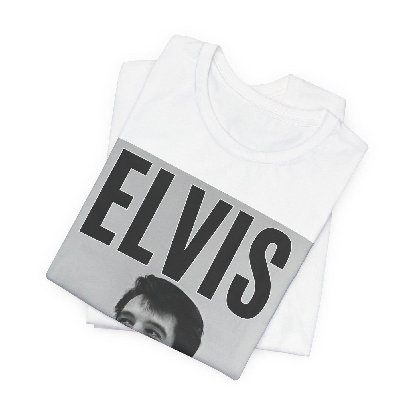 A black graphic t-shirt featuring a retro graphic of Elvis Presley as a 'Rebel With A Cause.'