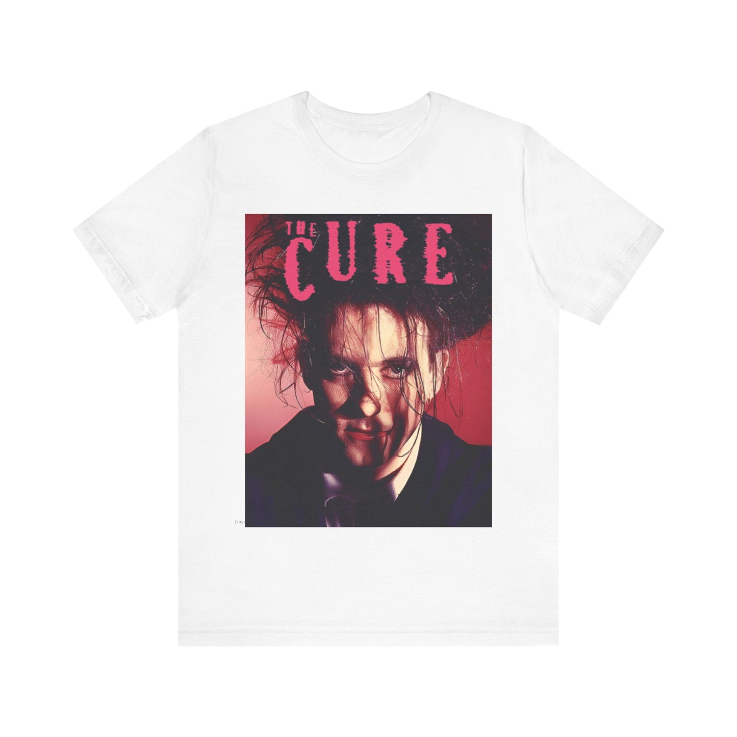 A black graphic t-shirt featuring a vintage graphic related to The Cure's 'Just Like Heaven' song or era.