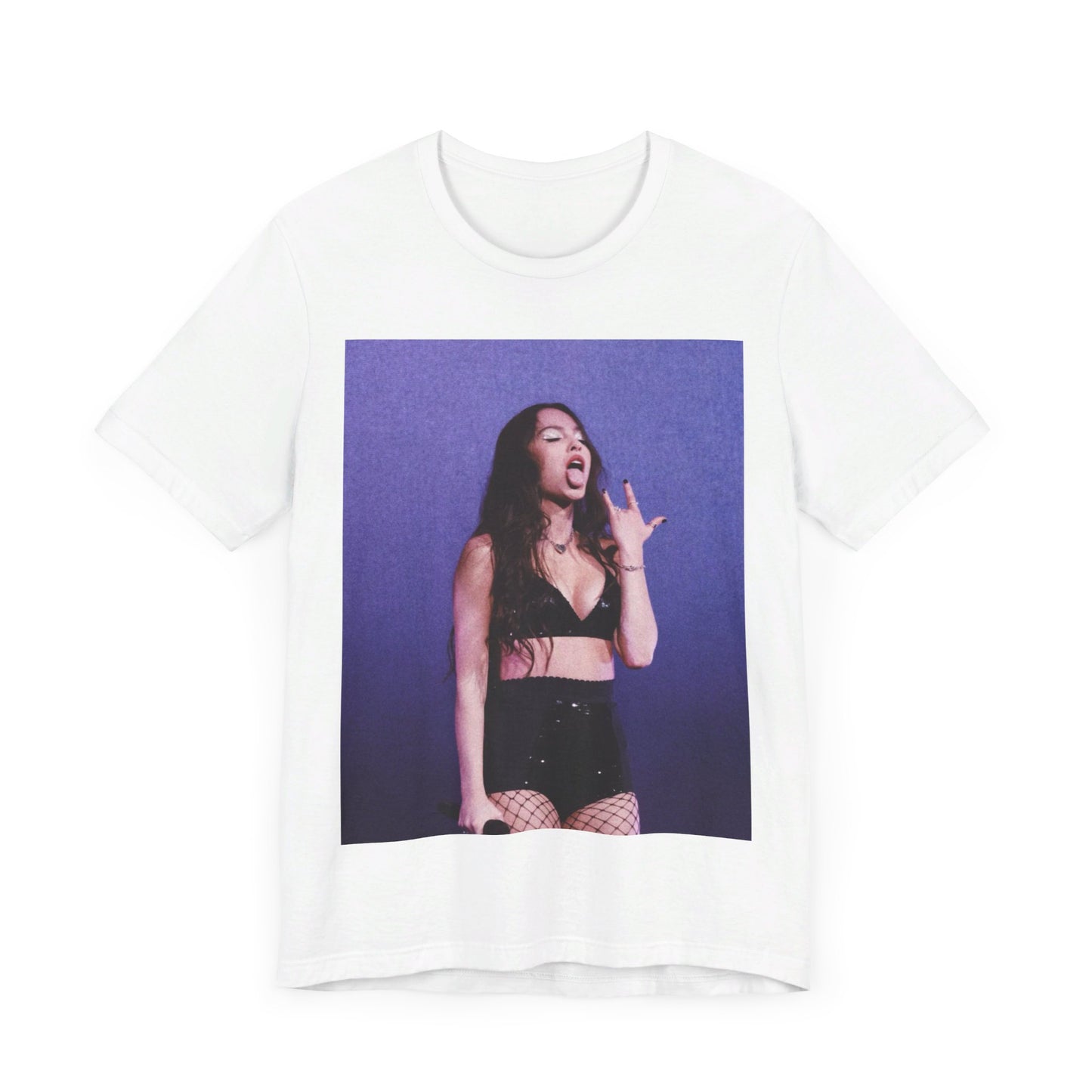 A black graphic t-shirt featuring a vintage alt pop graphic of Olivia Rodrigo.