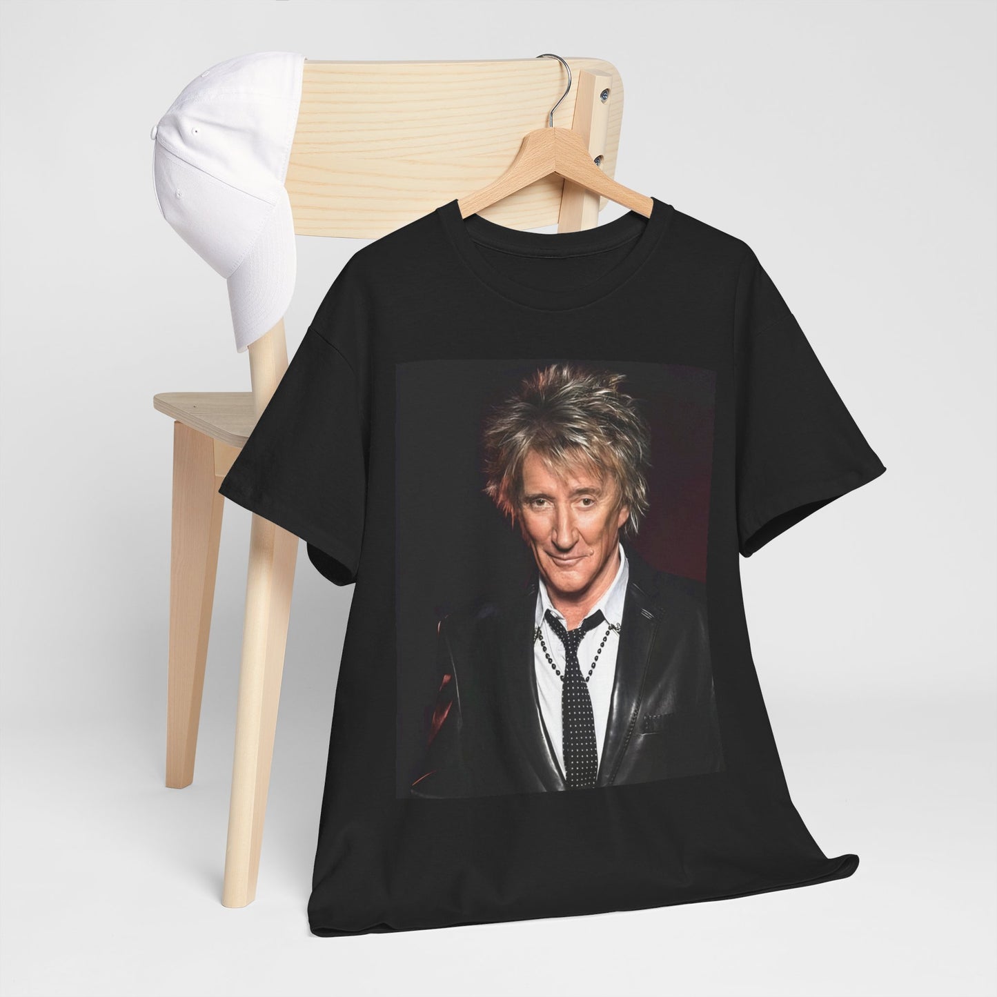 A black graphic t-shirt featuring a 90s portrait photo of Rod Stewart.