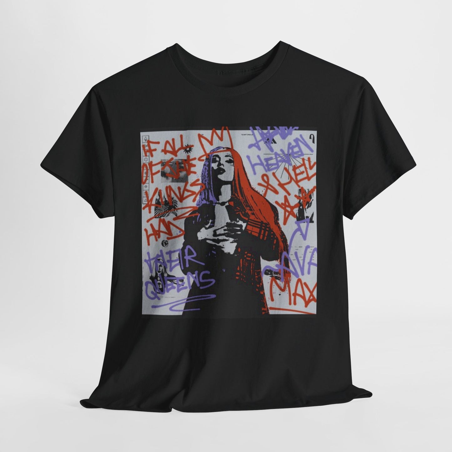 A black graphic t-shirt featuring a graffiti art style illustration of Ava Max.