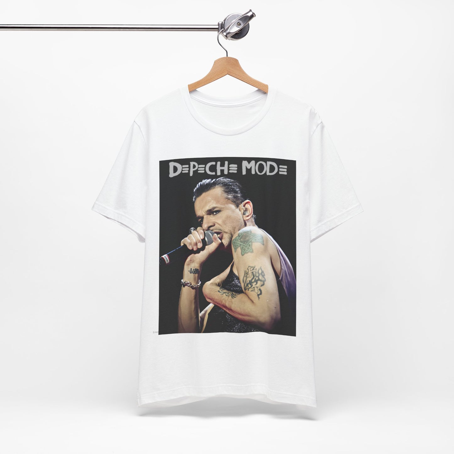 A black graphic t-shirt featuring a graphic of Dave Gahan from Depeche Mode, emphasizing his dynamic stage presence.