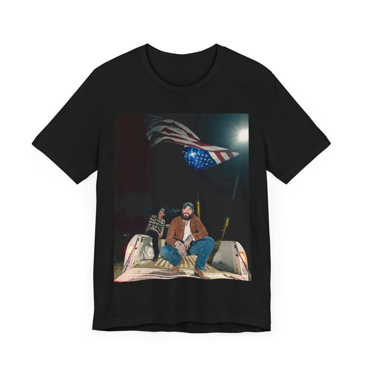A black graphic t-shirt featuring an Americana-style graphic of Post Malone.