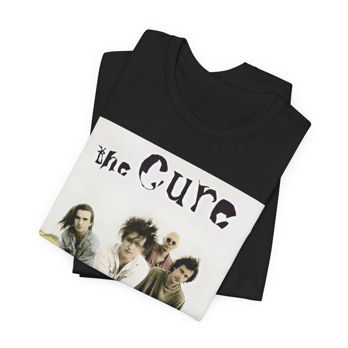 A black graphic t-shirt featuring a graphic of The Cure as post-punk pioneers.
