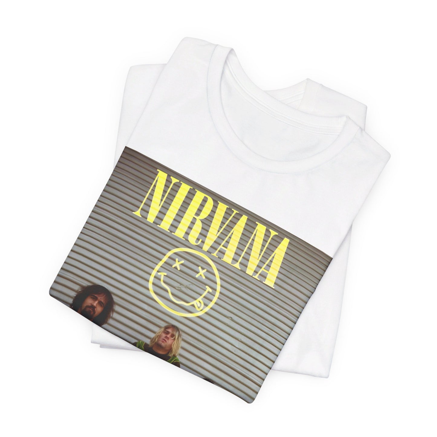 A black graphic t-shirt featuring an early days band photo of Nirvana.