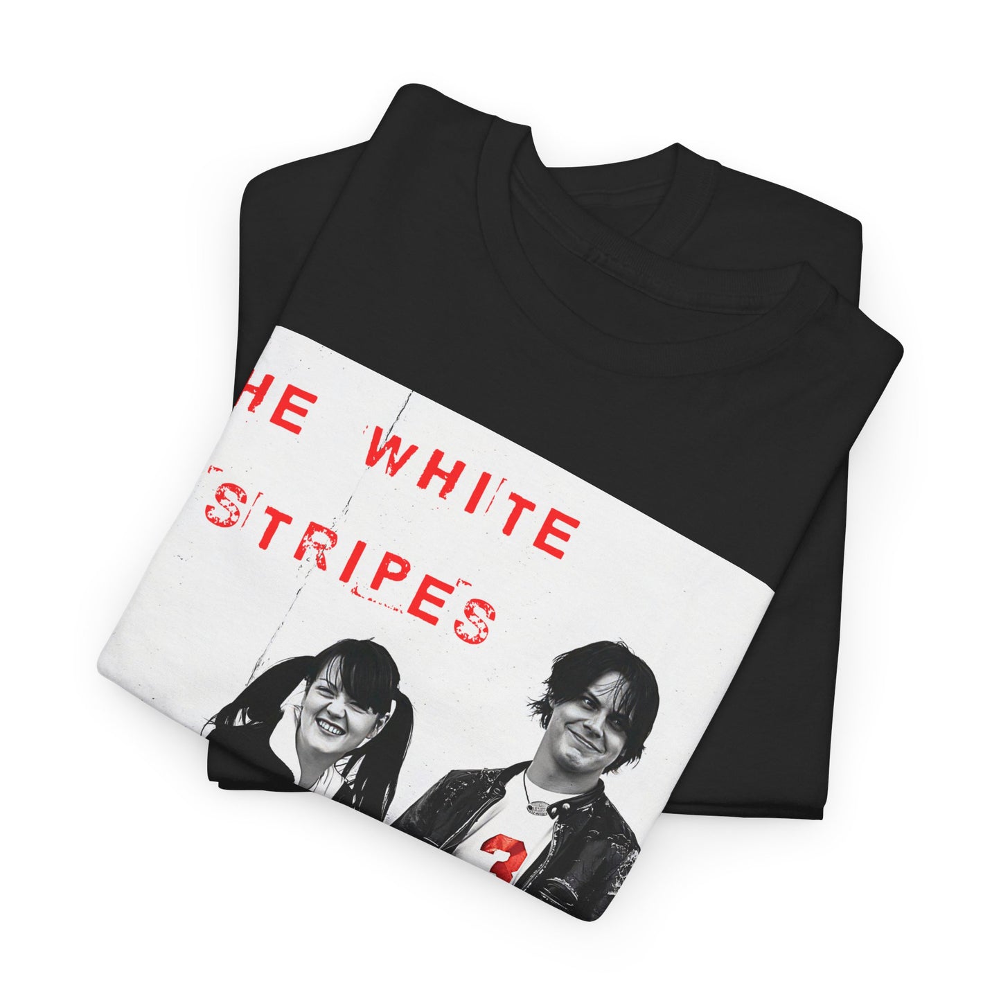 A black graphic t-shirt featuring a fearless attitude graphic of The White Stripes.