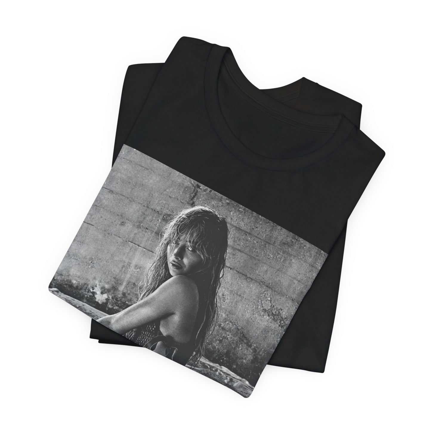 A black graphic t-shirt featuring a black and white, monochrome graphic or photo of Sabrina Carpenter.