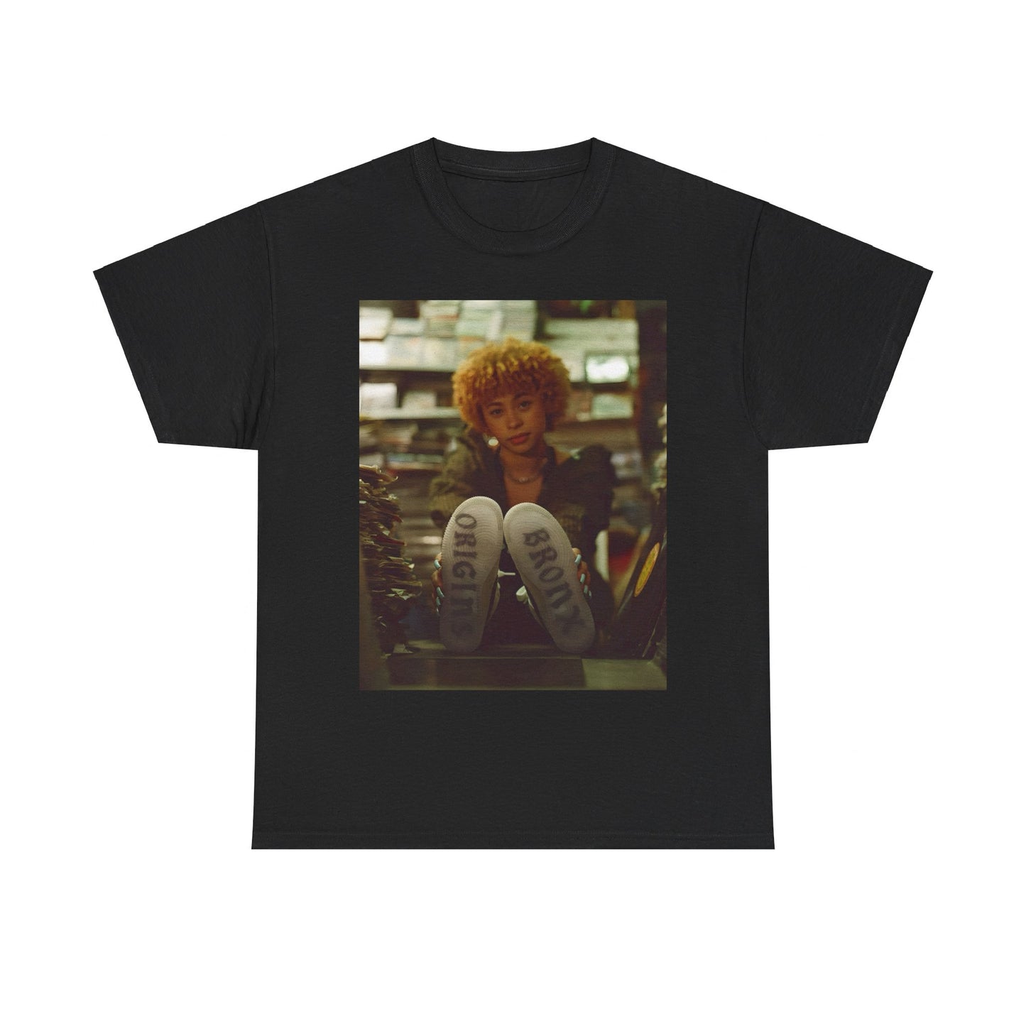 A black graphic t-shirt featuring a stylized graphic of Ice Spice as a TikTok Queen or global sensation.