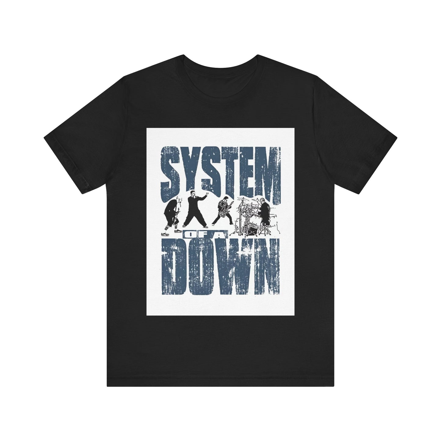 A black graphic t-shirt featuring a graphic of System of a Down as nu-metal pioneers.
