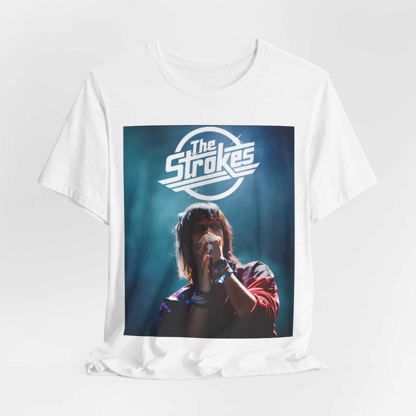 A black graphic t-shirt featuring a portrait or graphic of Julian Casablancas from The Strokes.