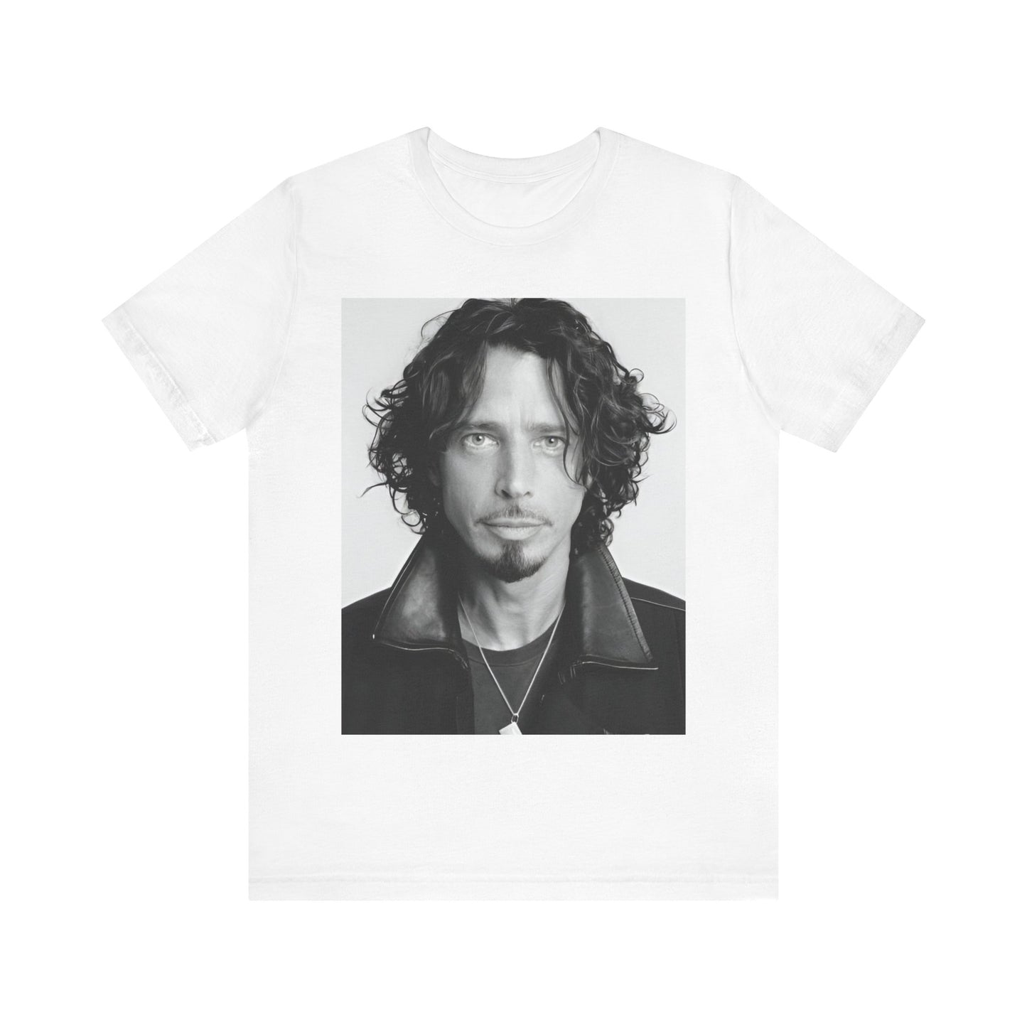 A black graphic t-shirt featuring a timeless black and white photo portrait of Chris Cornell.