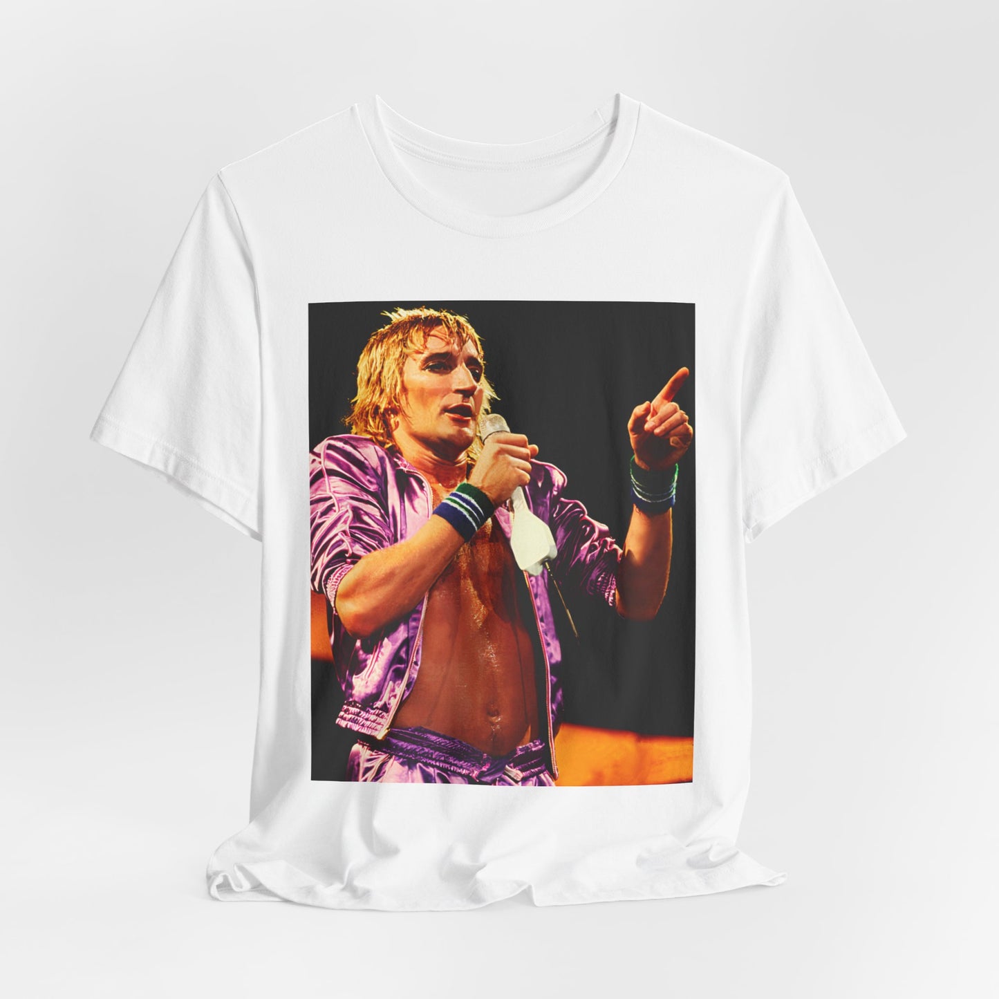 A black graphic t-shirt featuring a graphic of Rod Stewart with a chill 70s rock aesthetic.
