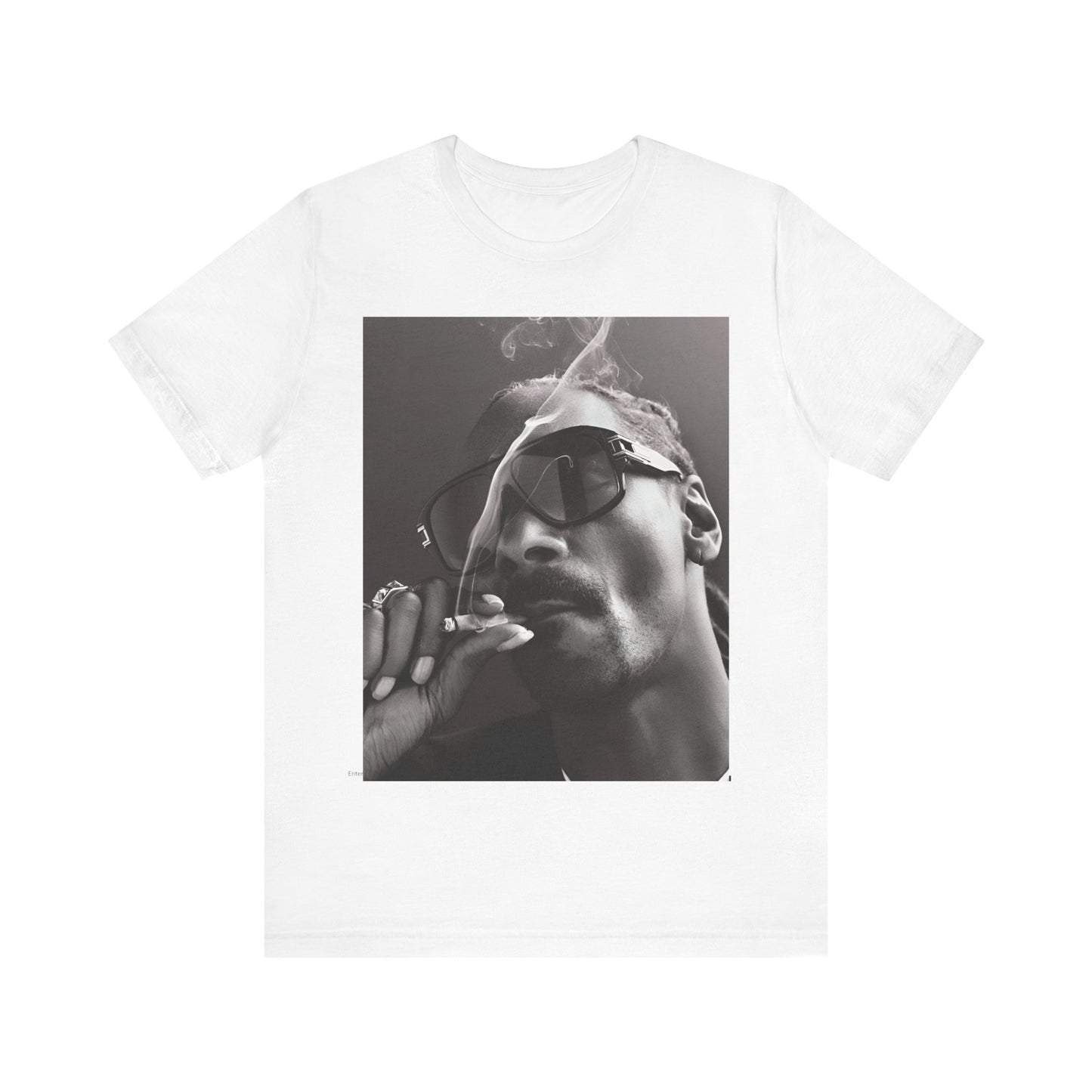 A black graphic t-shirt featuring an iconic black and white shaded portrait graphic of Snoop Dogg.
