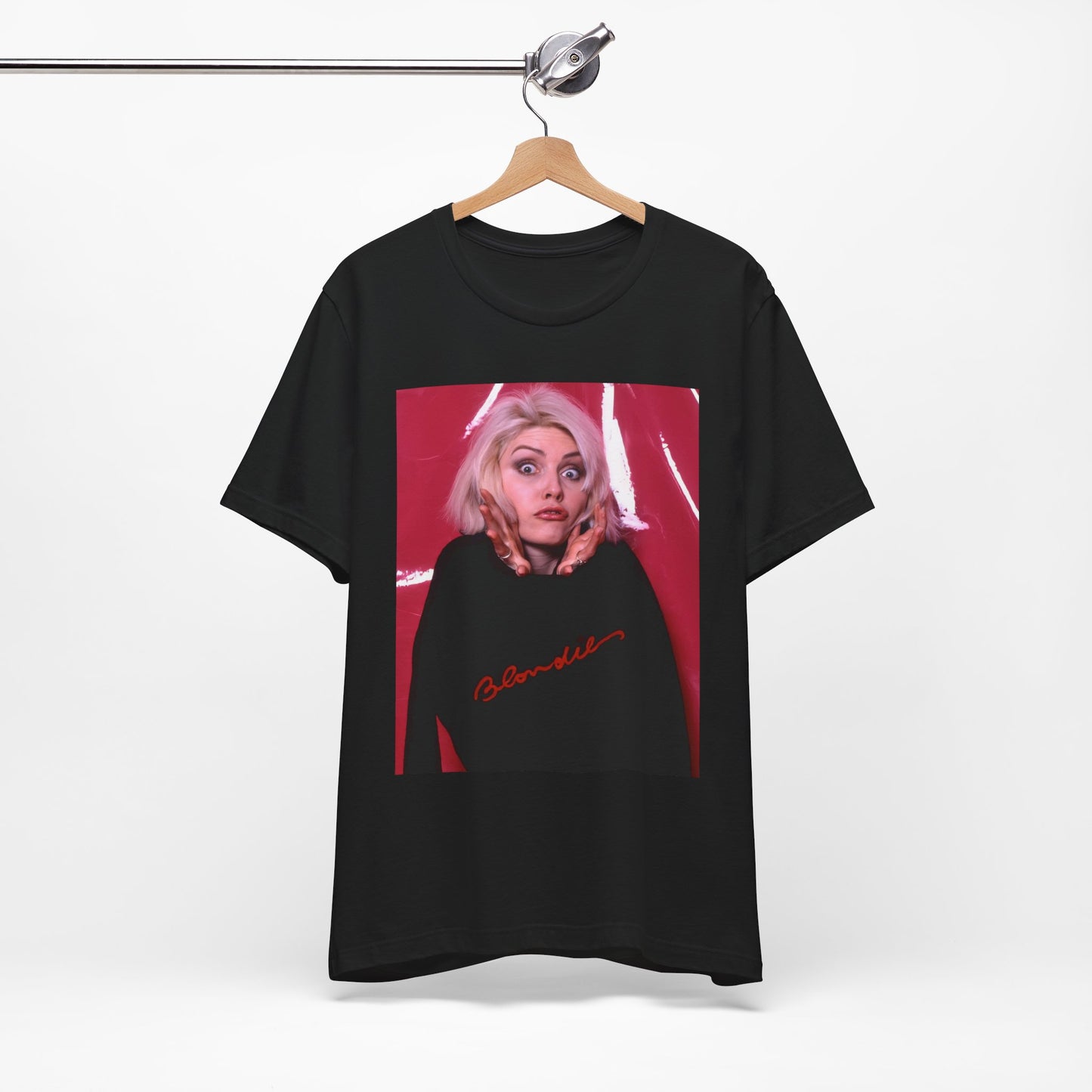 A black graphic t-shirt featuring a graphic related to Blondie's 'Atomic' song or era.