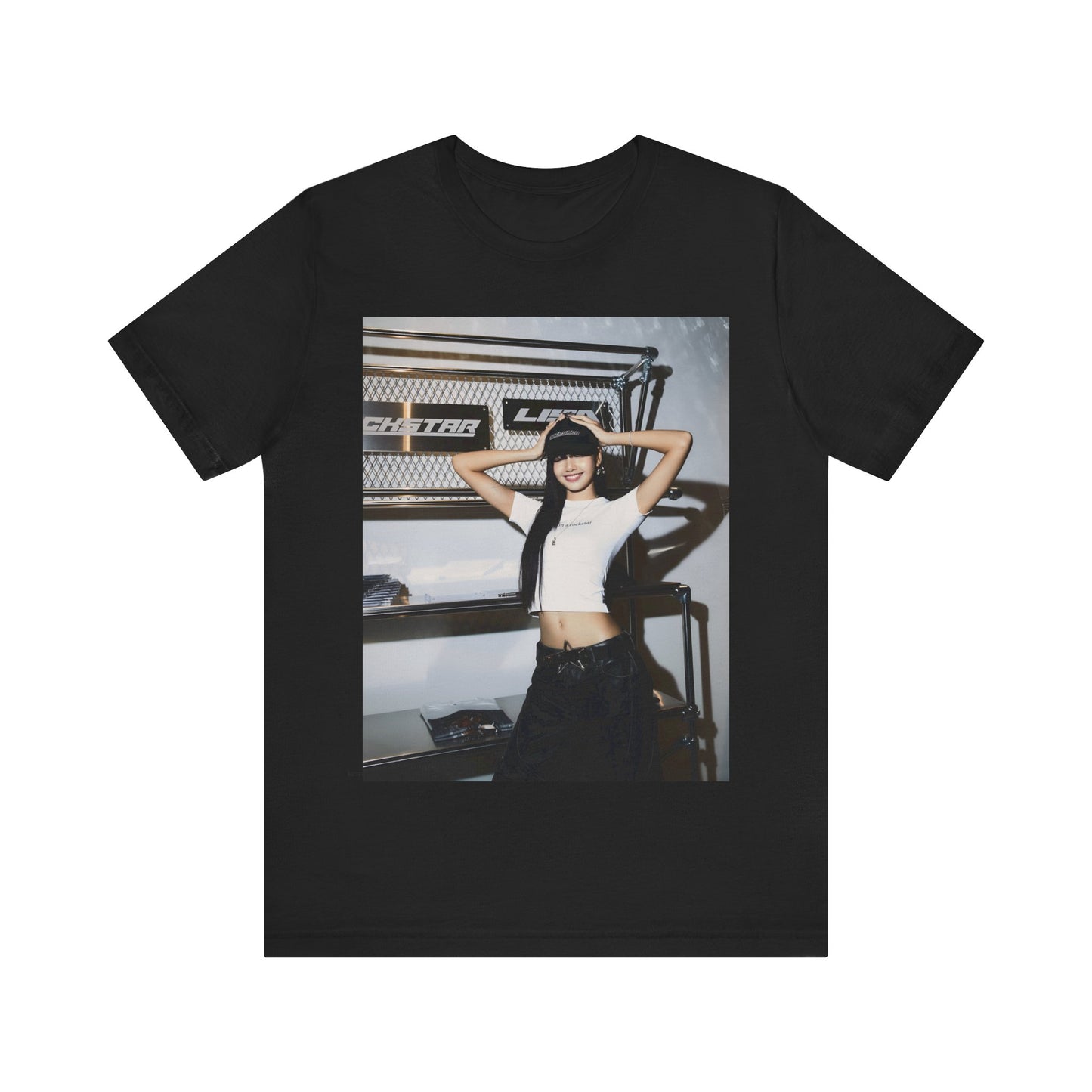 A black graphic t-shirt featuring a graphic of Lisa as a street K-Pop style queen.