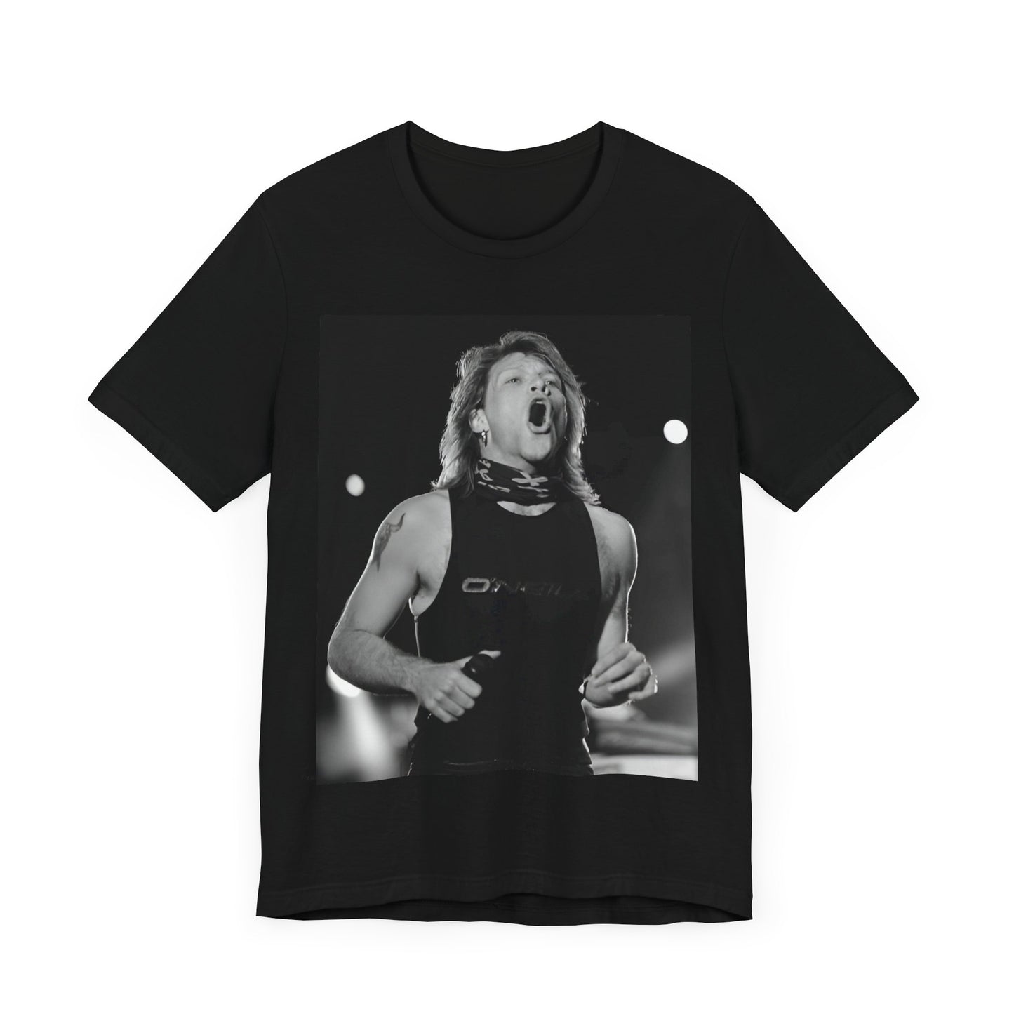 A black graphic t-shirt featuring a black and white iconic graphic or photo of Bon Jovi as superstars.