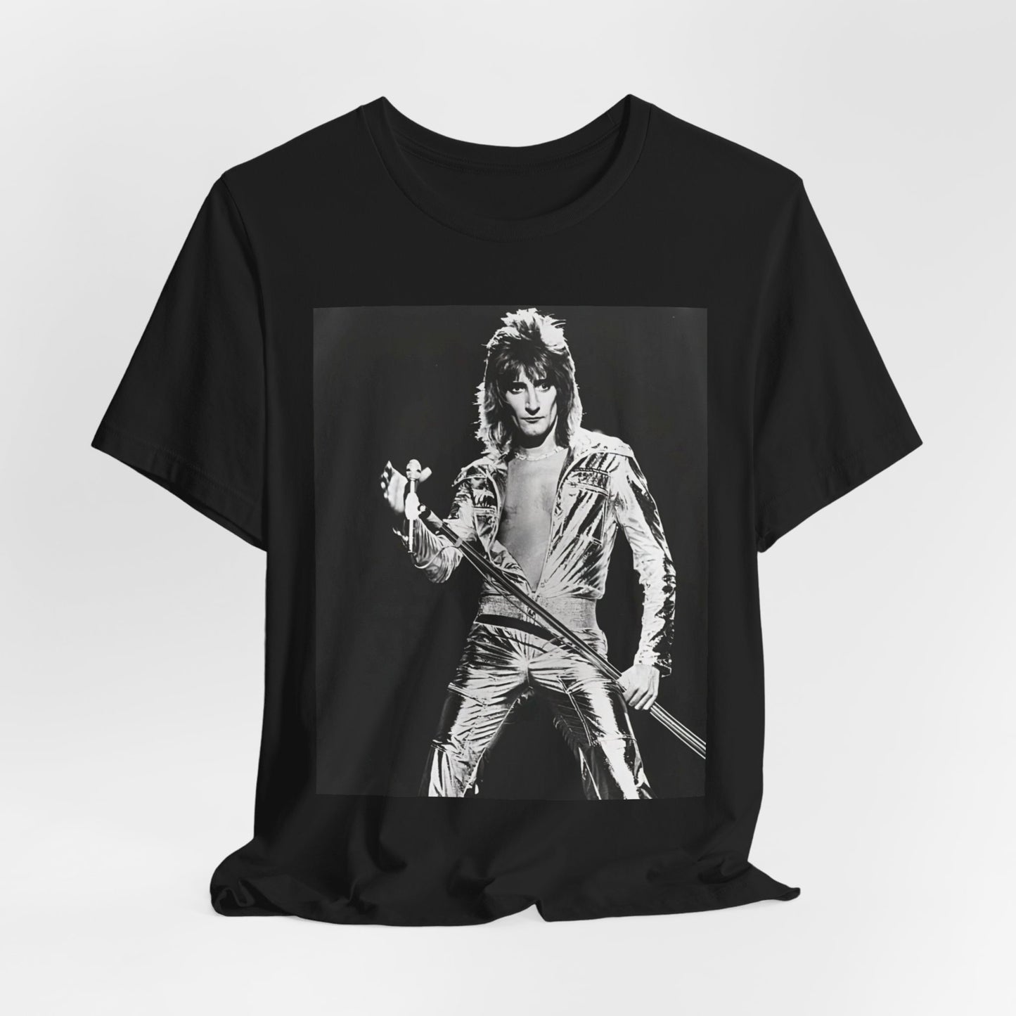A black graphic t-shirt featuring a 70s black and white monochrome graphic or photo of Rod Stewart.