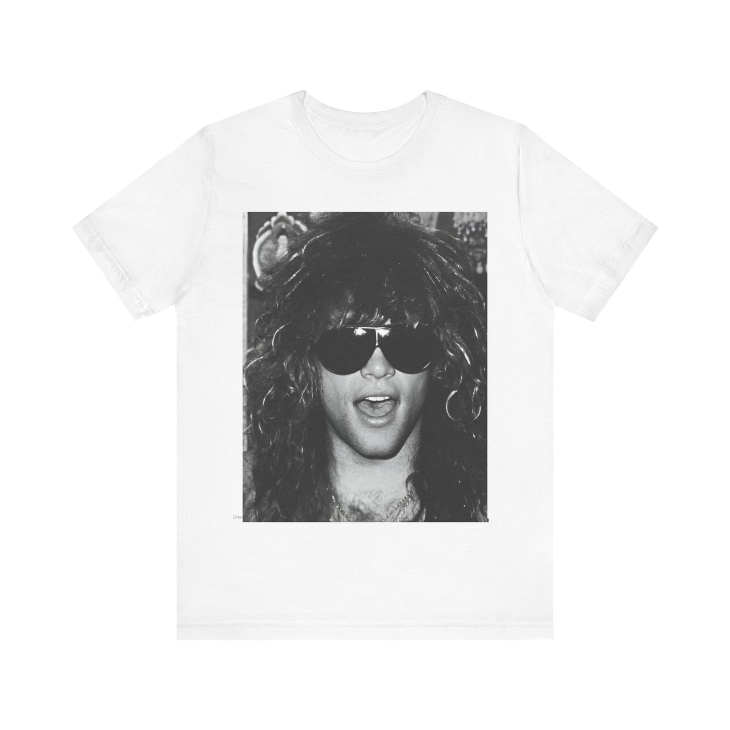 A black graphic t-shirt featuring a graphic or photo of Bon Jovi in a backstage setting.